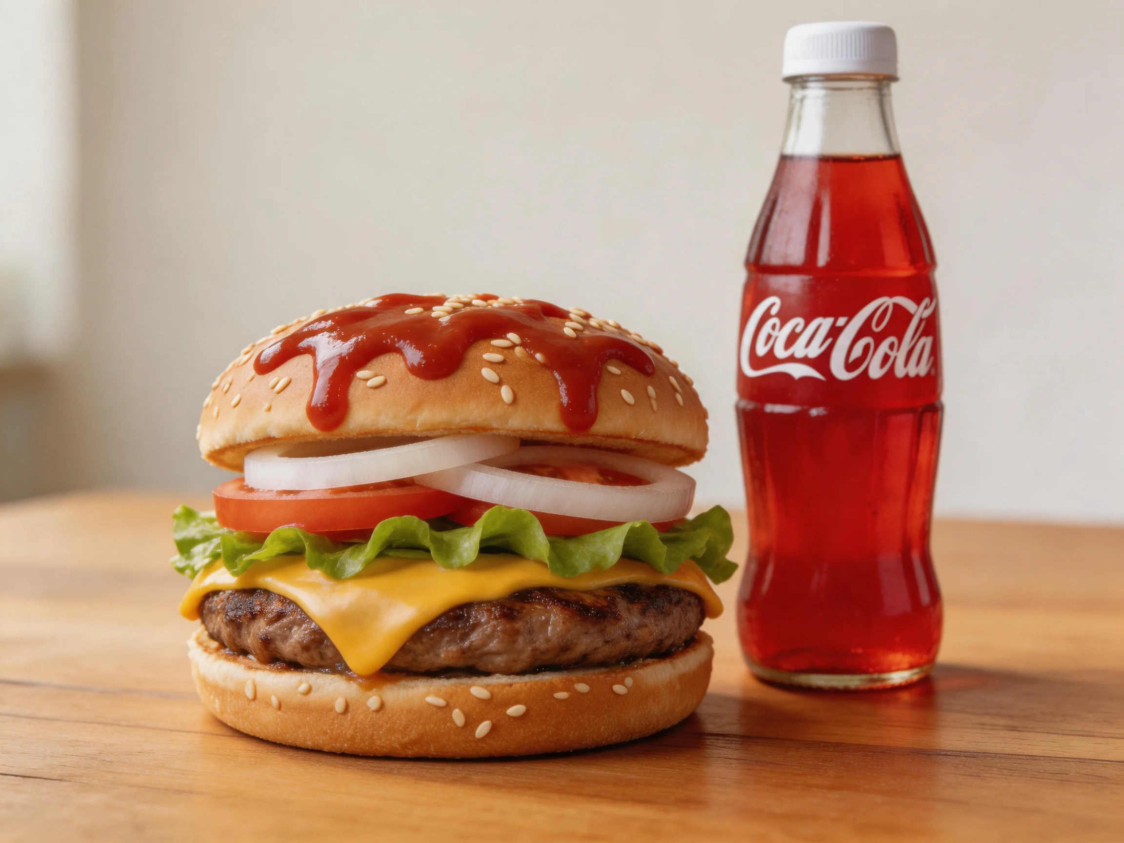 A sesame seed burger with layered veggies next to a glass Coca-Cola bottle