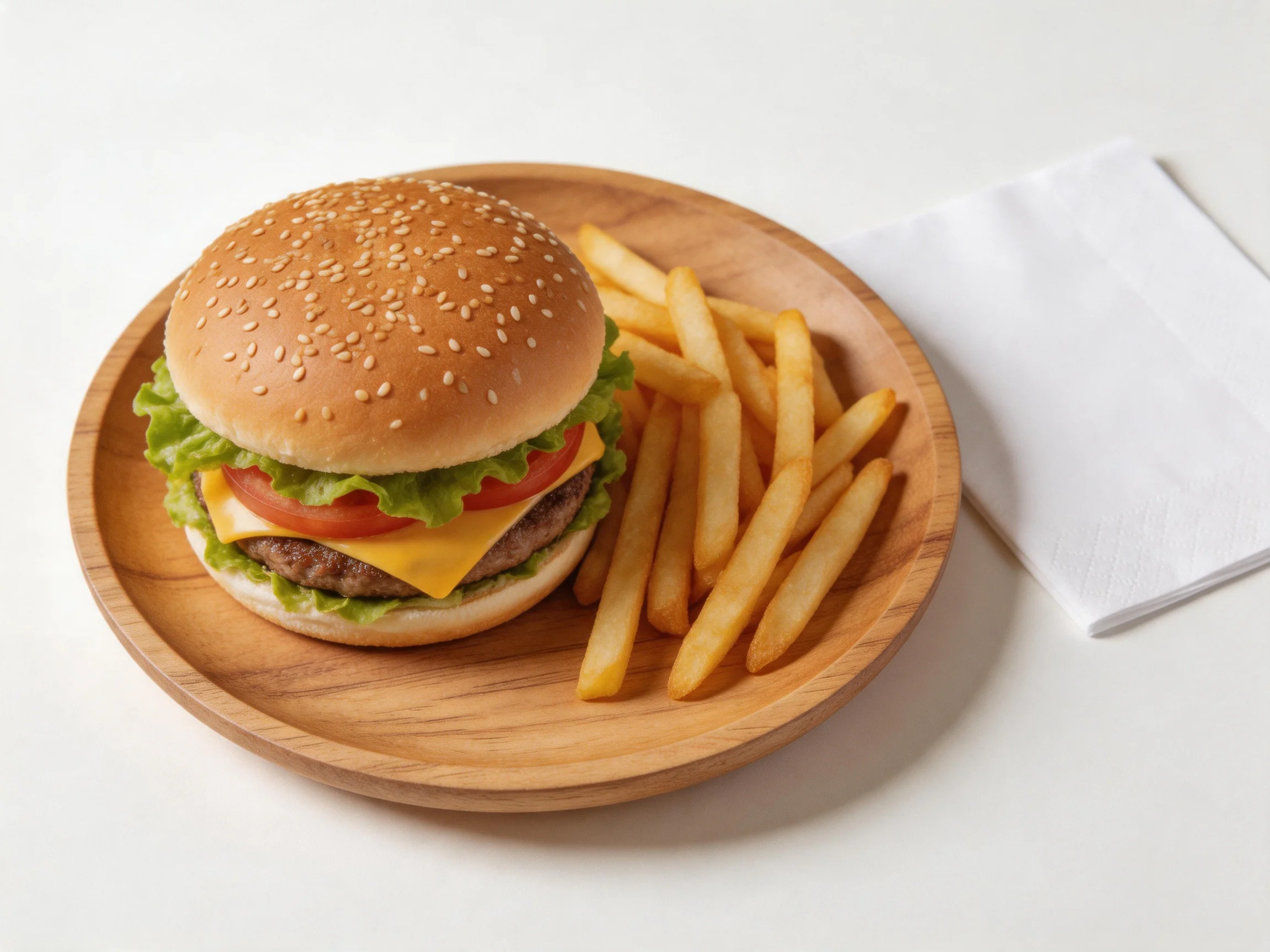 A sesame seed burger with lettuce, tomato, and cheese beside golden French fries on a wooden plate