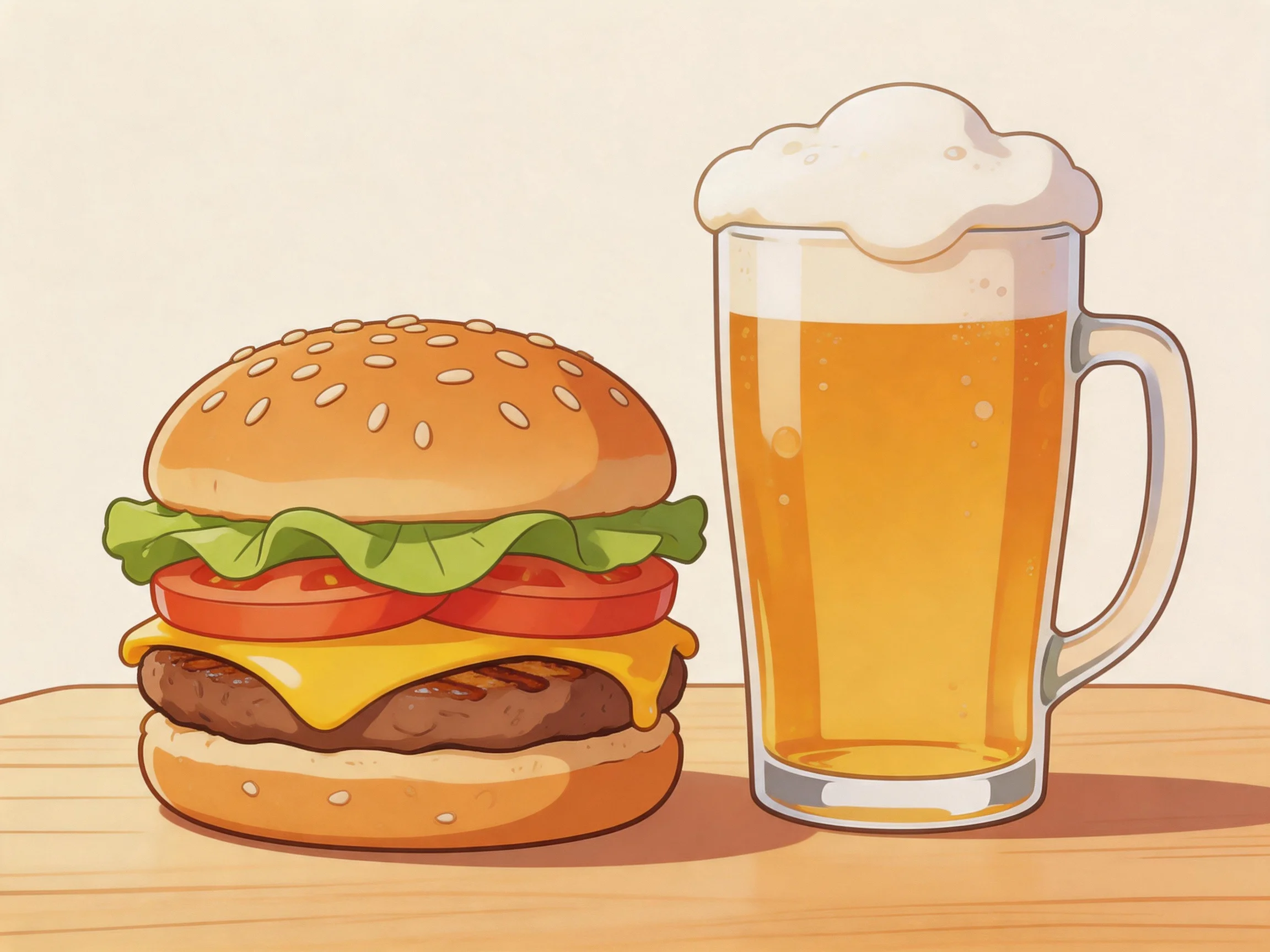A sesame seed burger with lettuce, tomato, and cheese next to a frothy beer