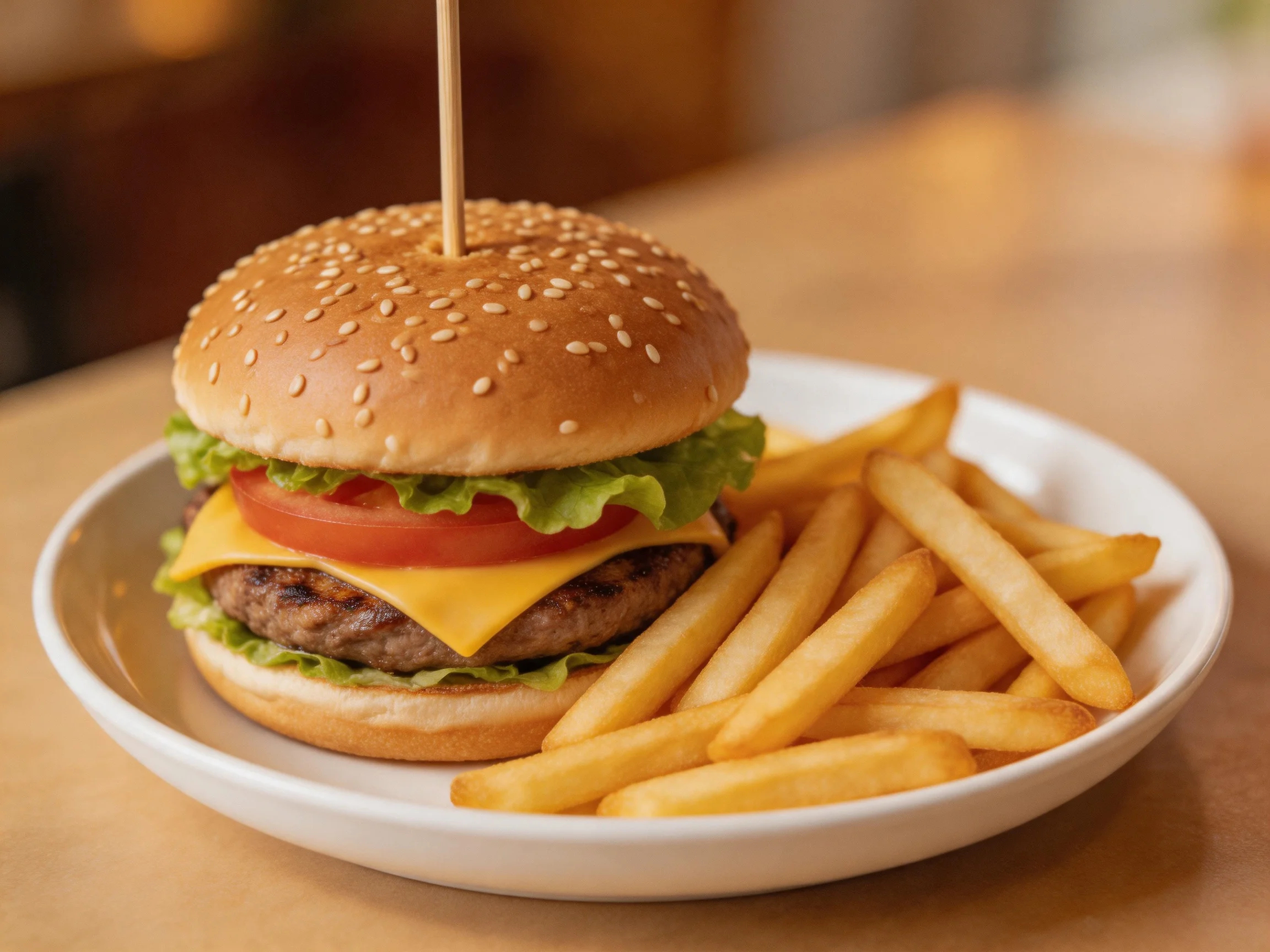 A sesame seed burger with lettuce, tomato, cheese, and French fries