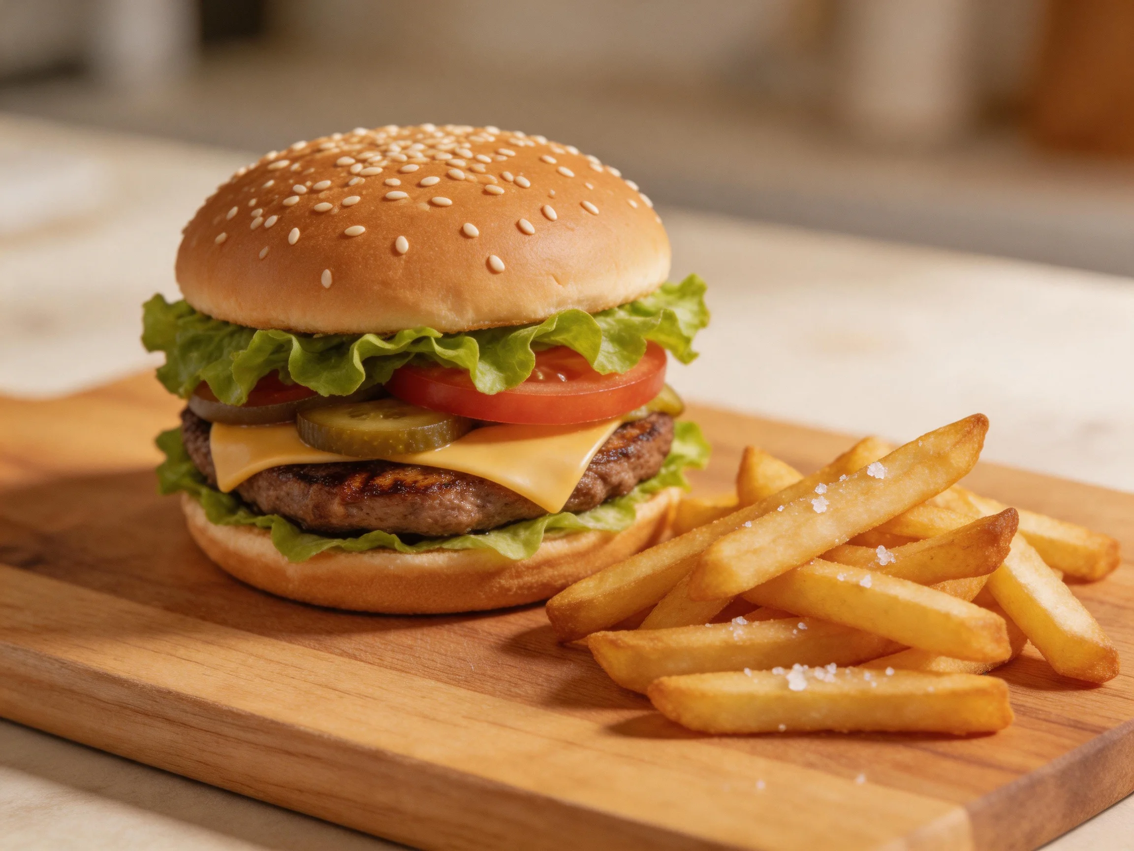 A sesame seed burger with lettuce, tomato, cheese, and pickles beside seasoned fries