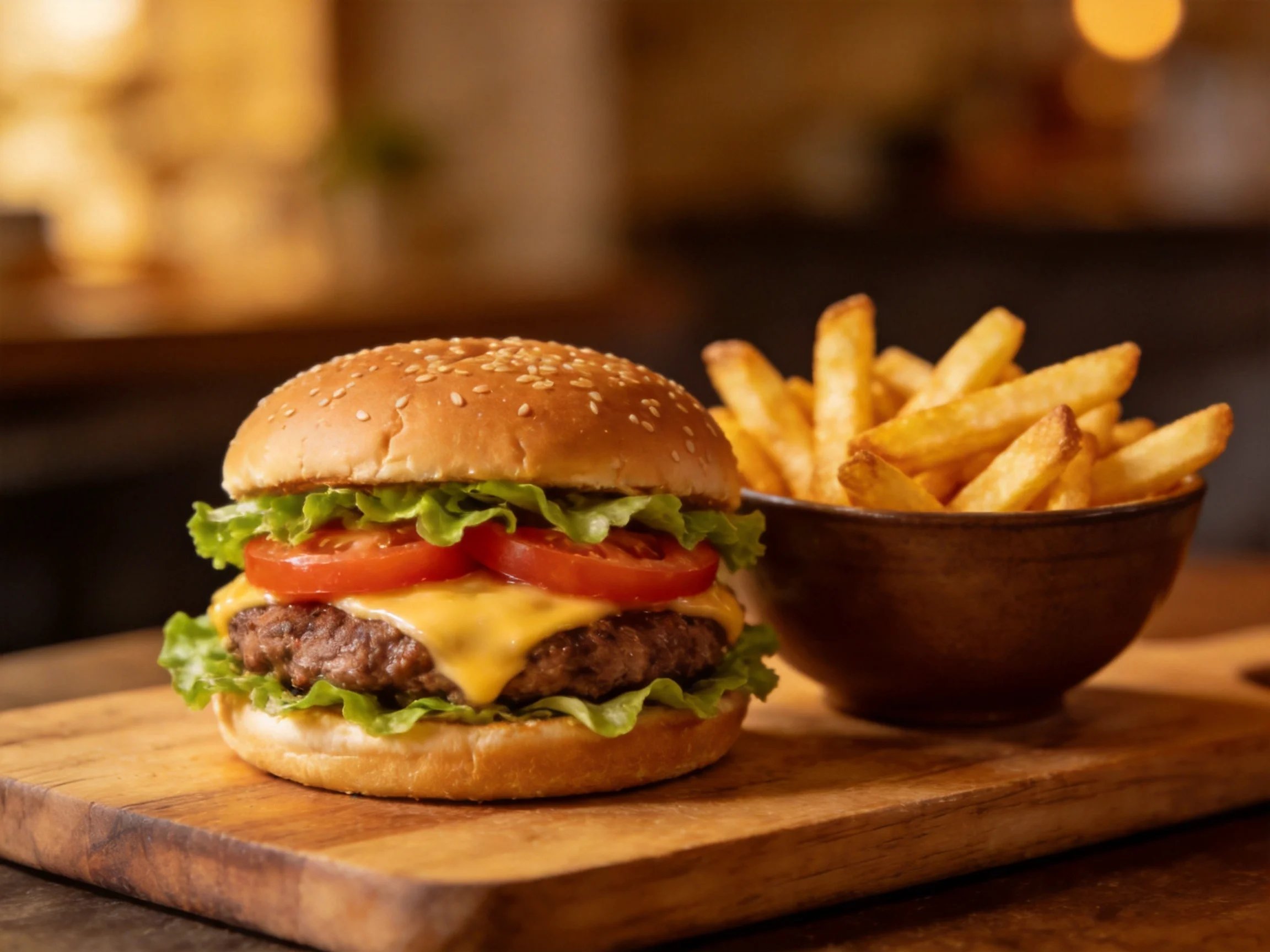 A sesame seed burger with lettuce, tomato, cheese beside golden fries