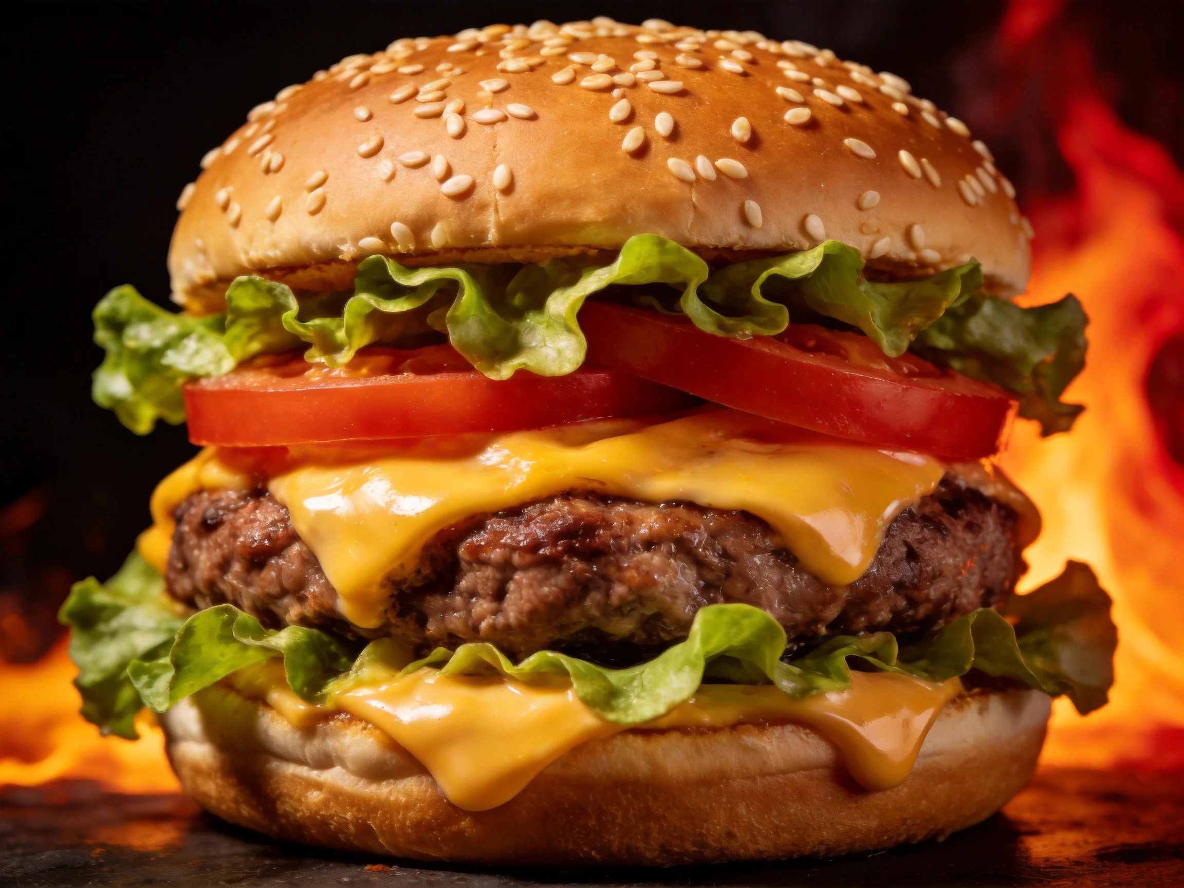 A sesame seed burger with melted cheese, fresh veggies, and a beef patty