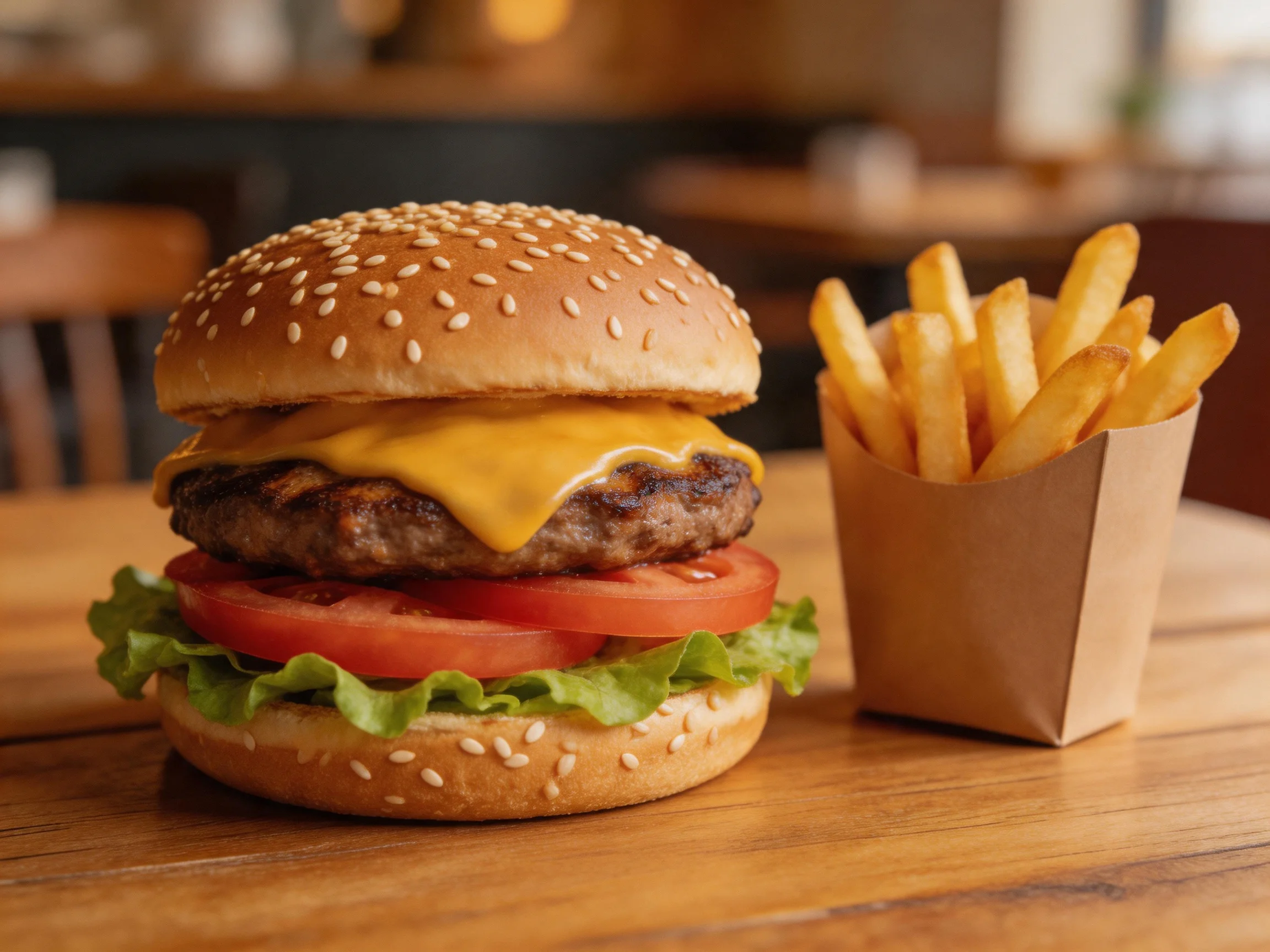 A sesame seed burger with melted cheese, lettuce, tomato, and golden fries