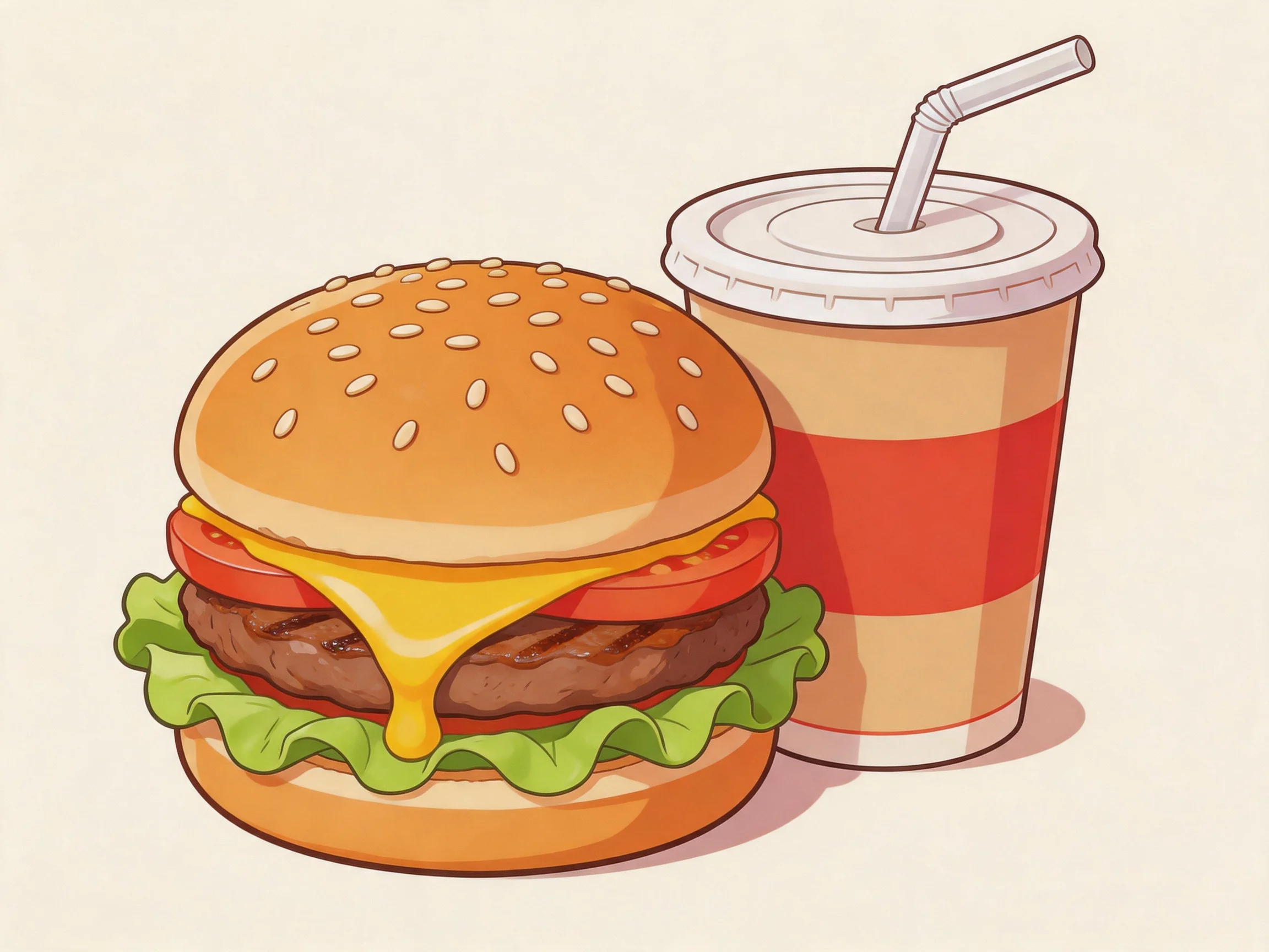 A sesame seed burger with melting cheese beside a red-striped drink cup