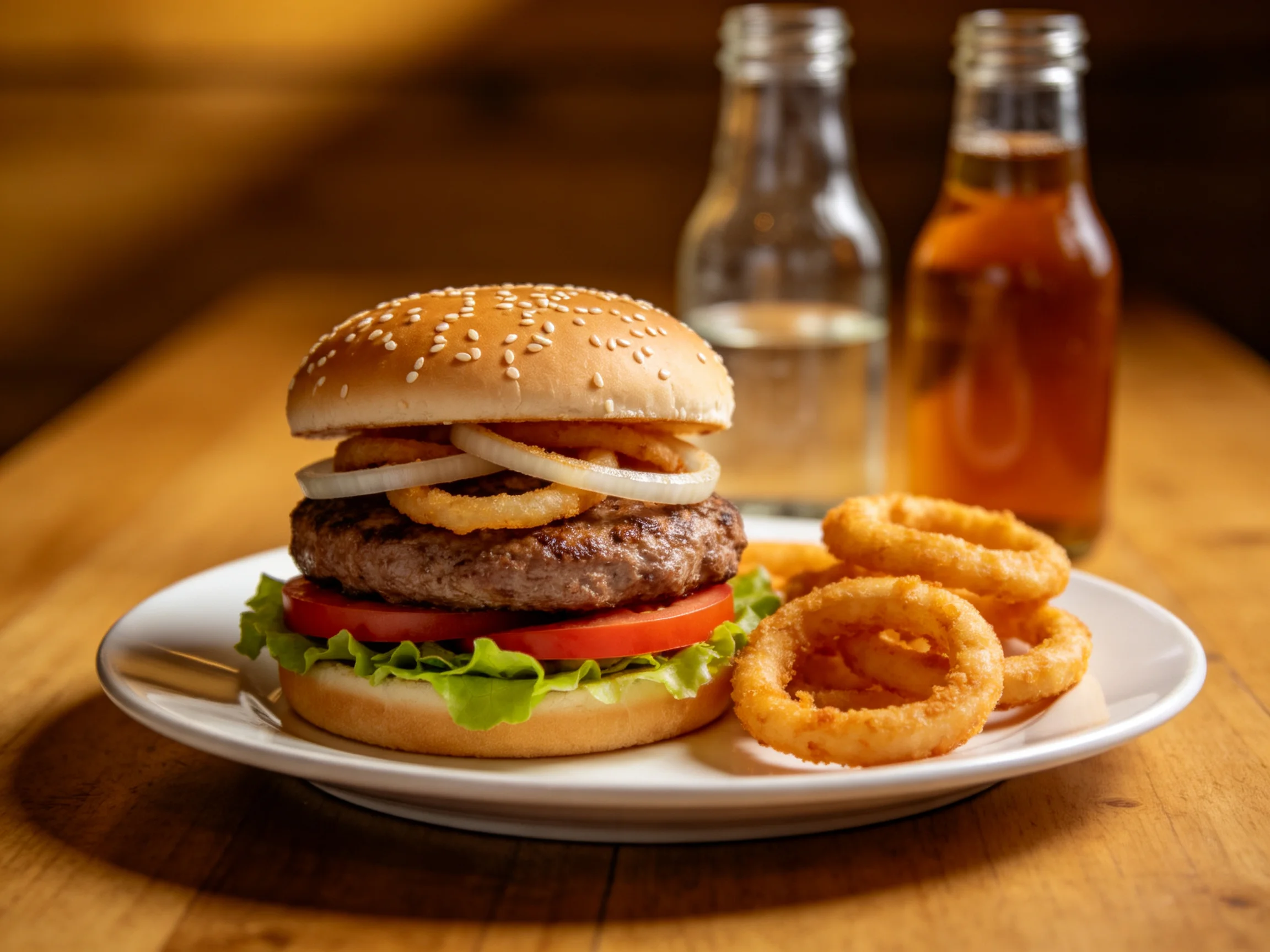 A sesame seed burger with onion rings and two glass bottles on a wooden table