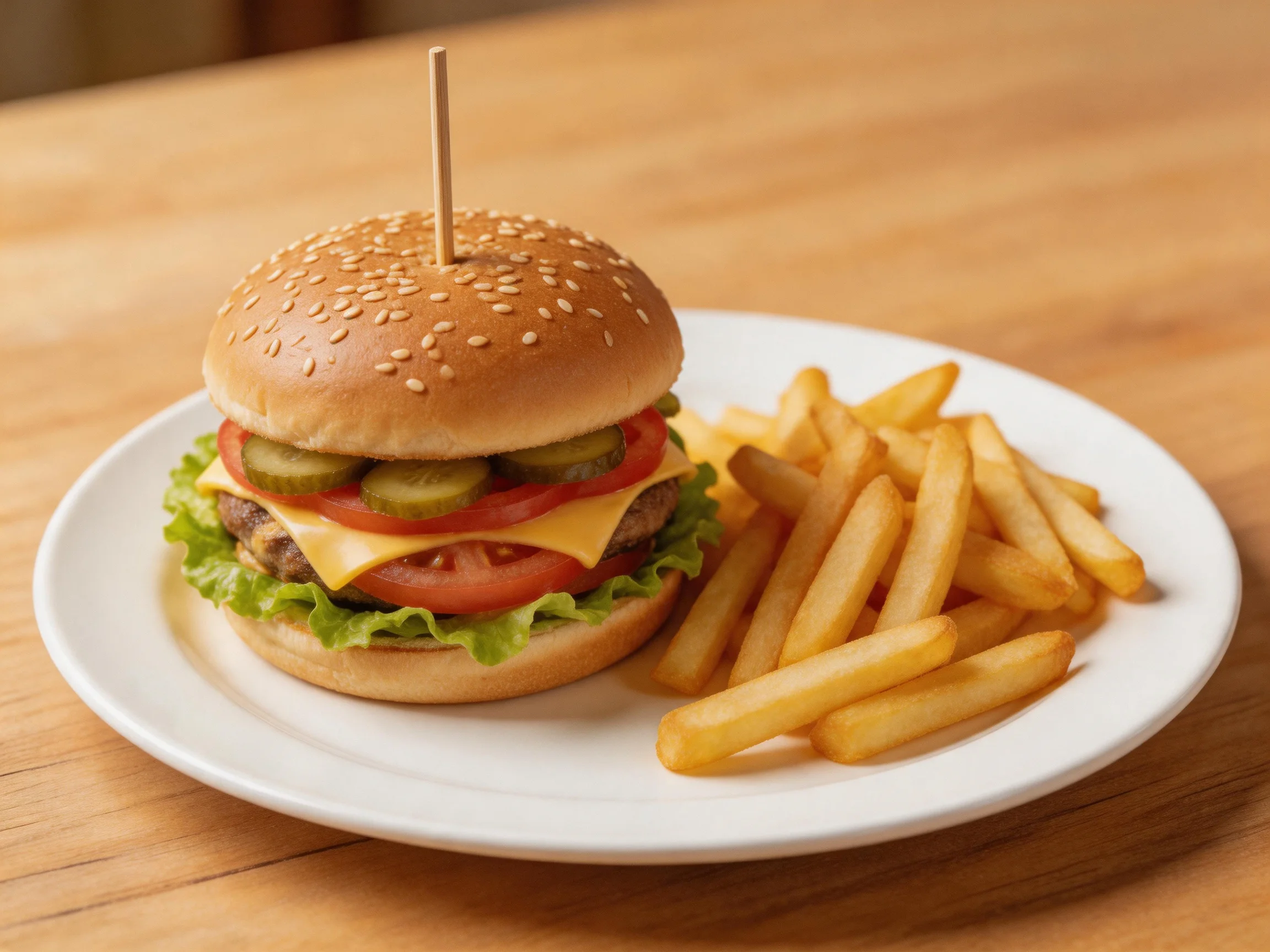 A sesame seed burger with pickles, tomatoes, and cheese beside golden French fries