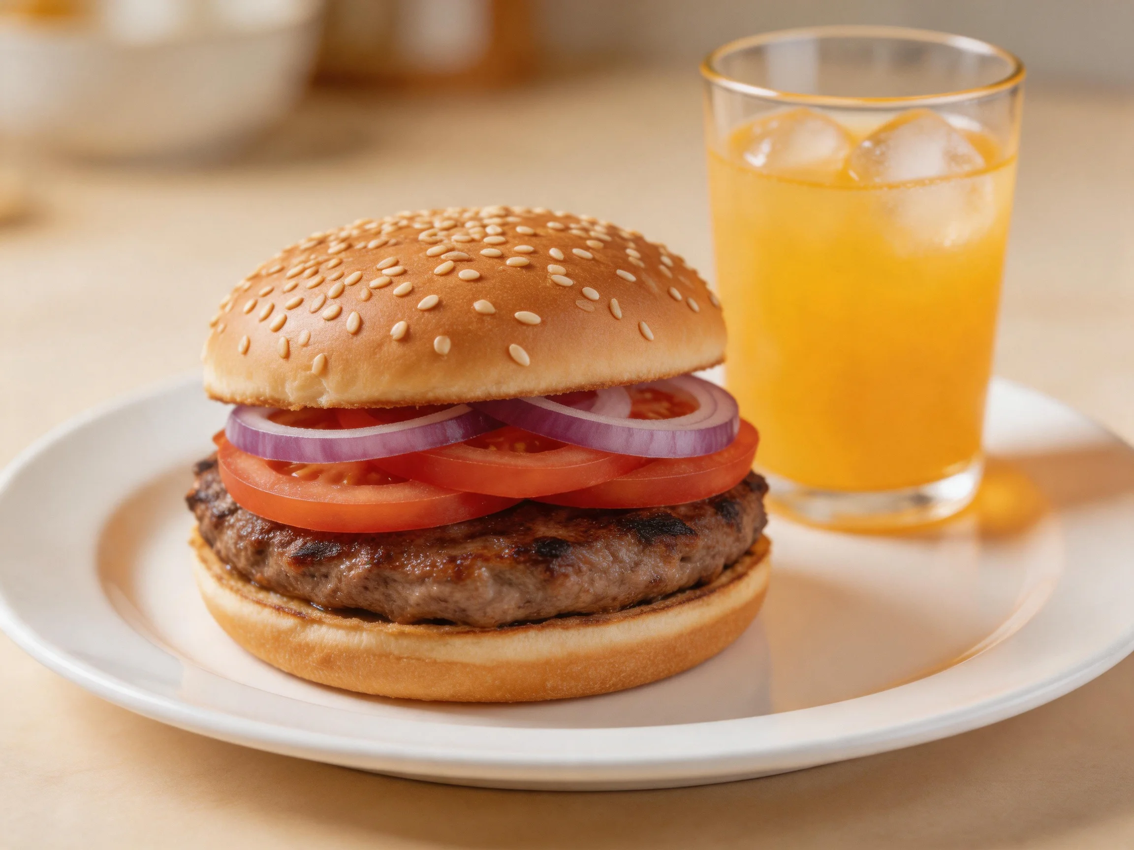 A sesame seed burger with tomato, onion, and an orange drink