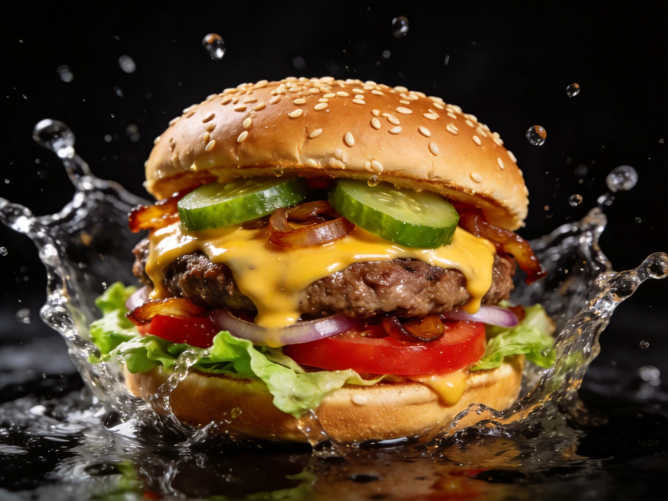 A sesame seed burger with veggies, cheese, and water splash