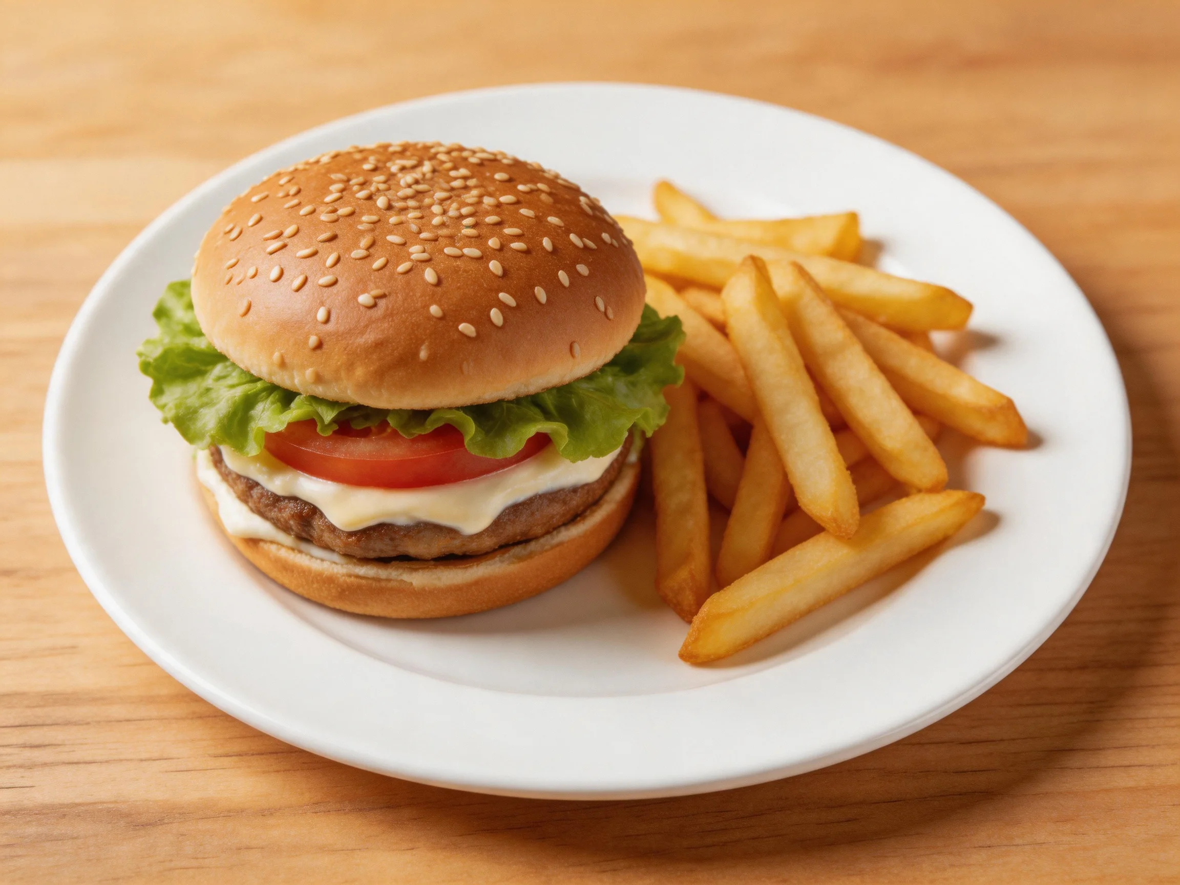 A sesame seed burger withlettuce, tomato, cheese beside golden French fries