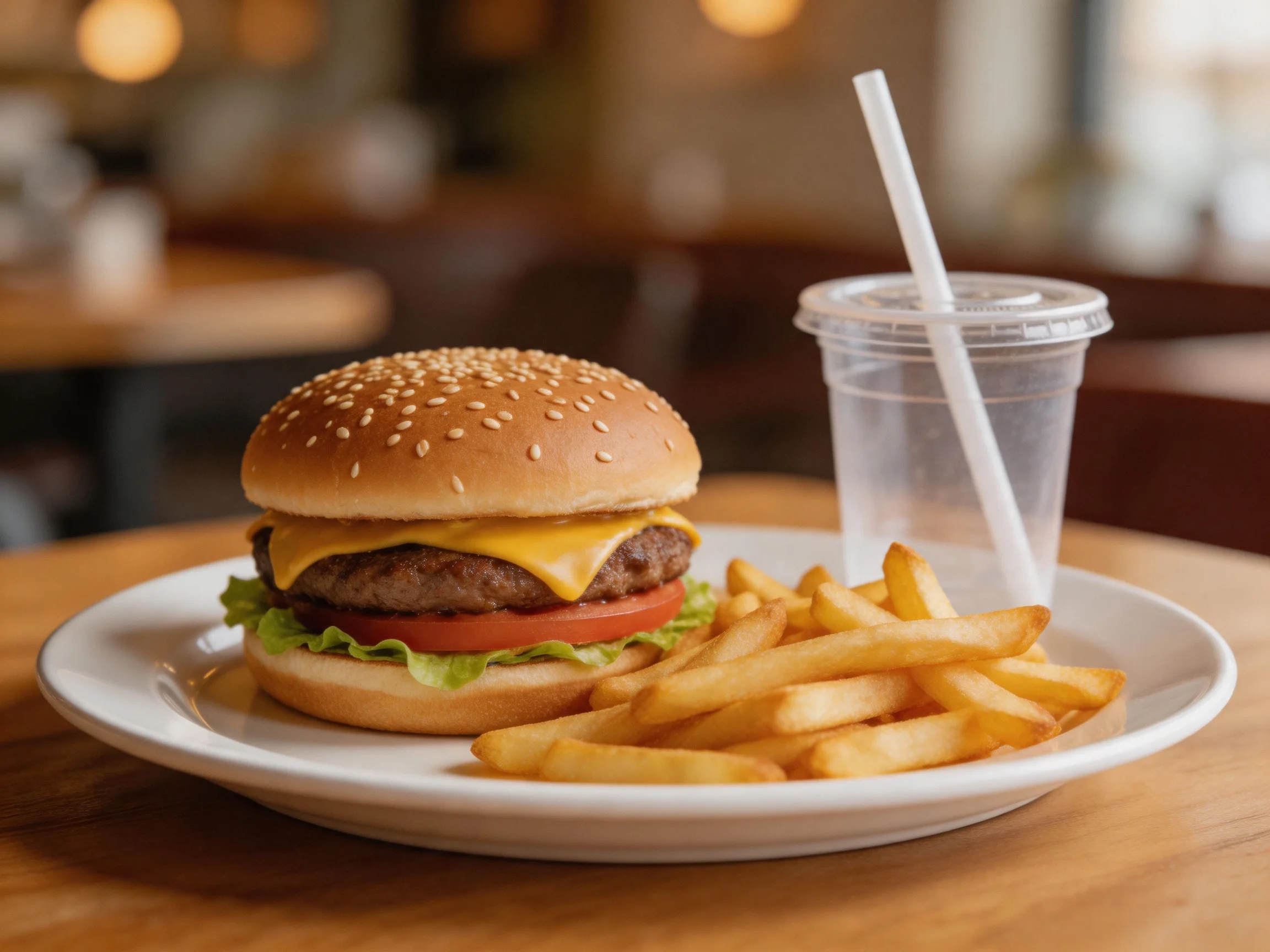 A sesame seed cheeseburger, crispy fries, and a drink cup
