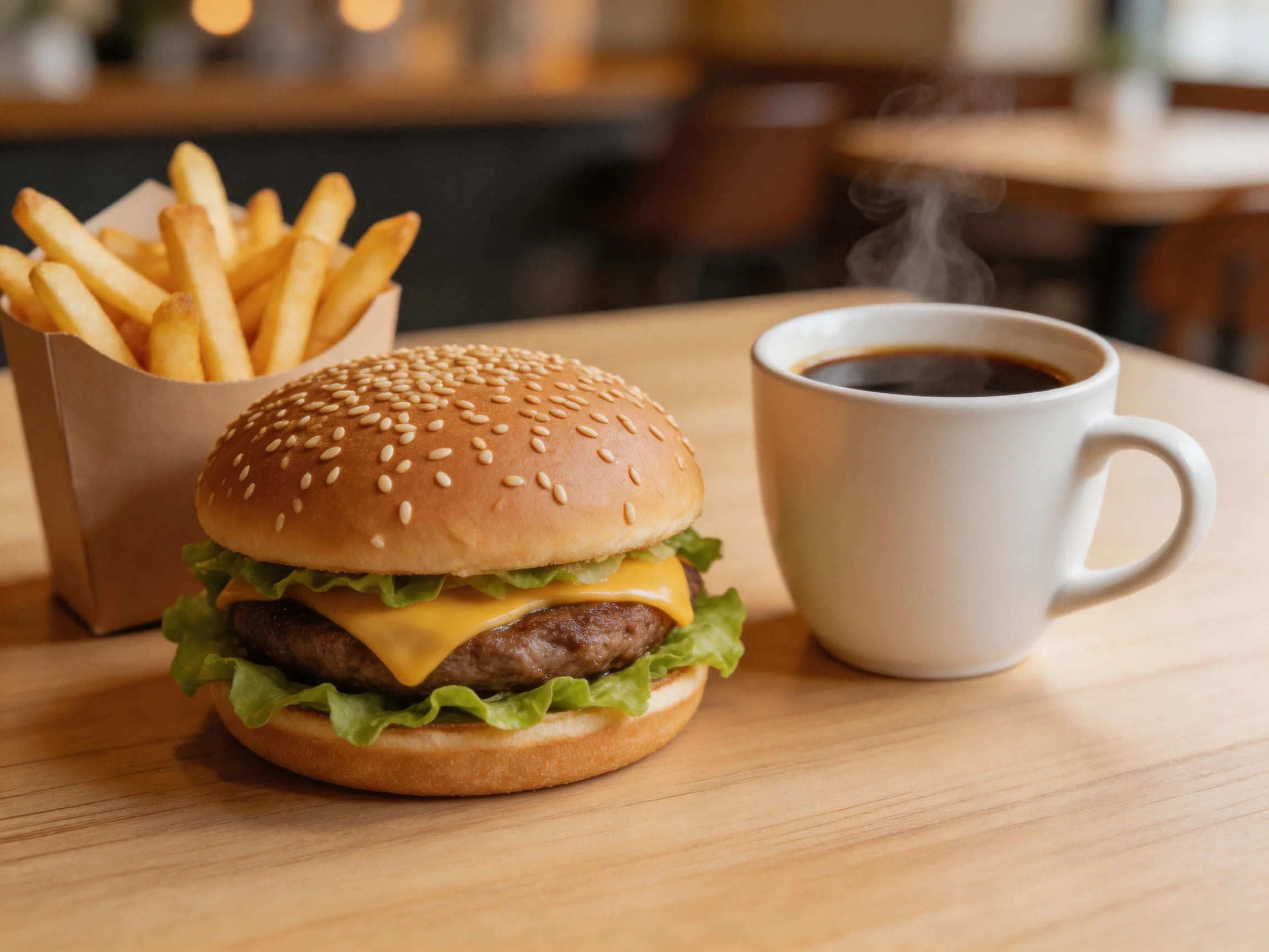 A sesame seed cheeseburger, golden fries, and steaming coffee on a wooden table