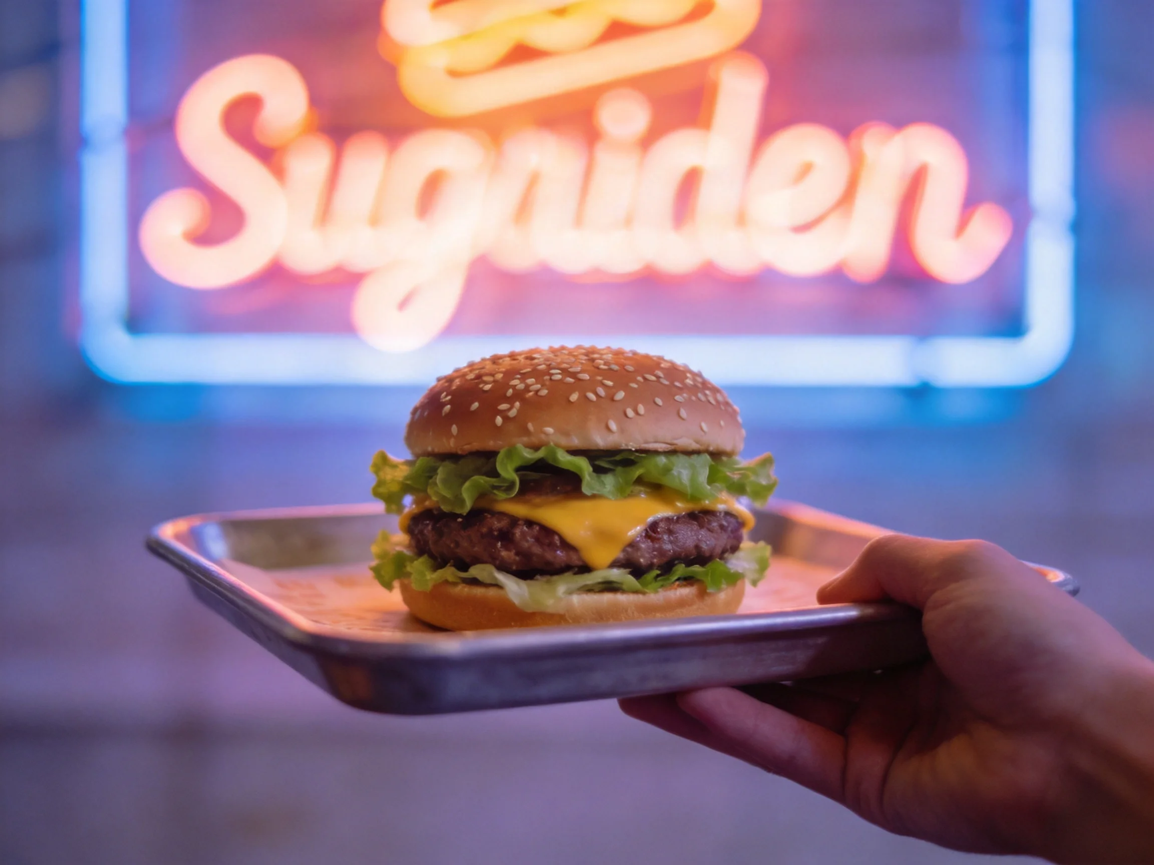 A sesame seed cheeseburger on a metal tray near a colorful neon sign