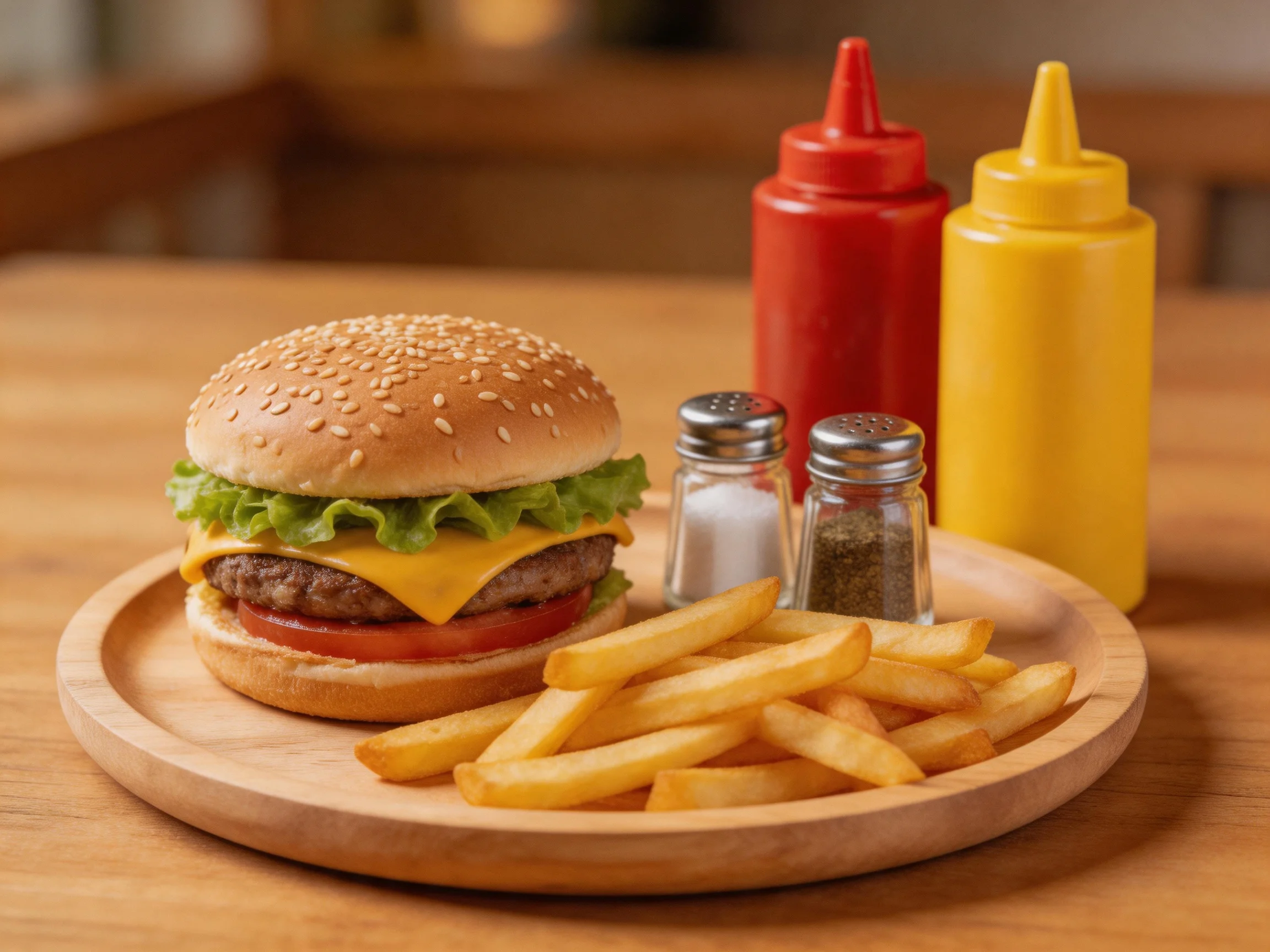 A sesame seed cheeseburger with French fries and condiment bottles on a wooden plate