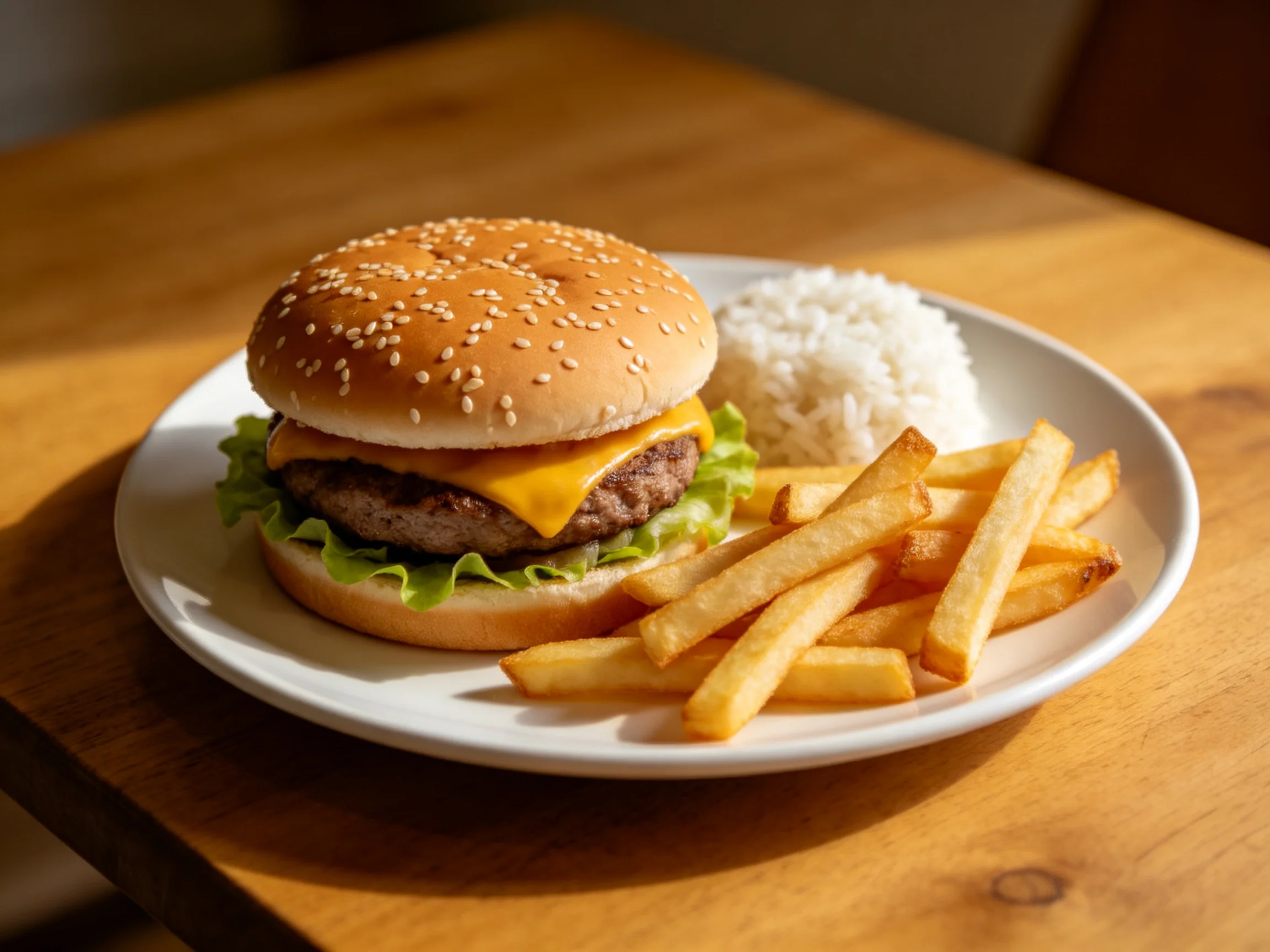 A sesame seed cheeseburger with golden fries and fluffy white rice