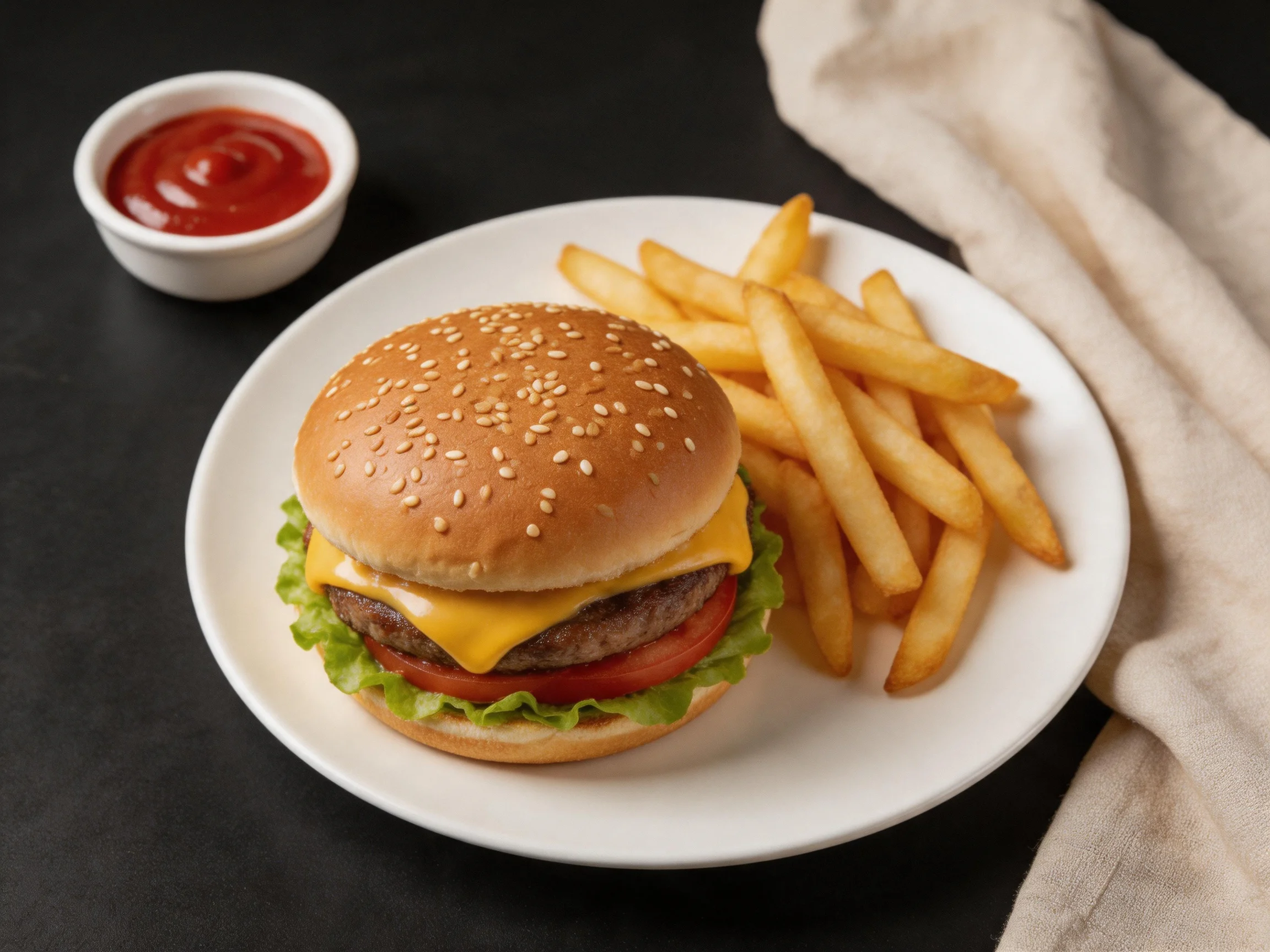 A sesame seed cheeseburger with golden fries and red ketchup on a white plate