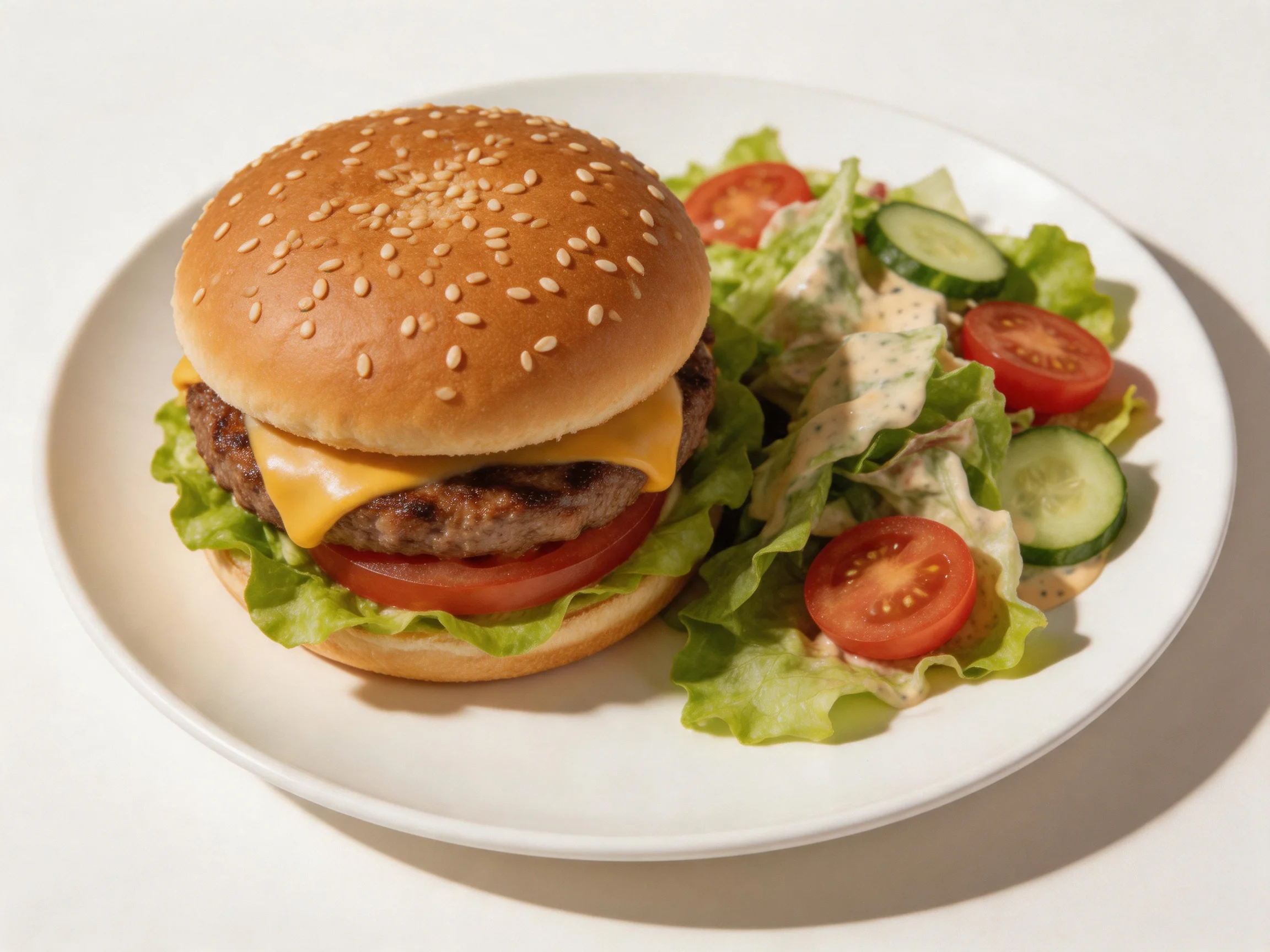 A sesame seed cheeseburger with lettuce and tomato beside a mixed green salad