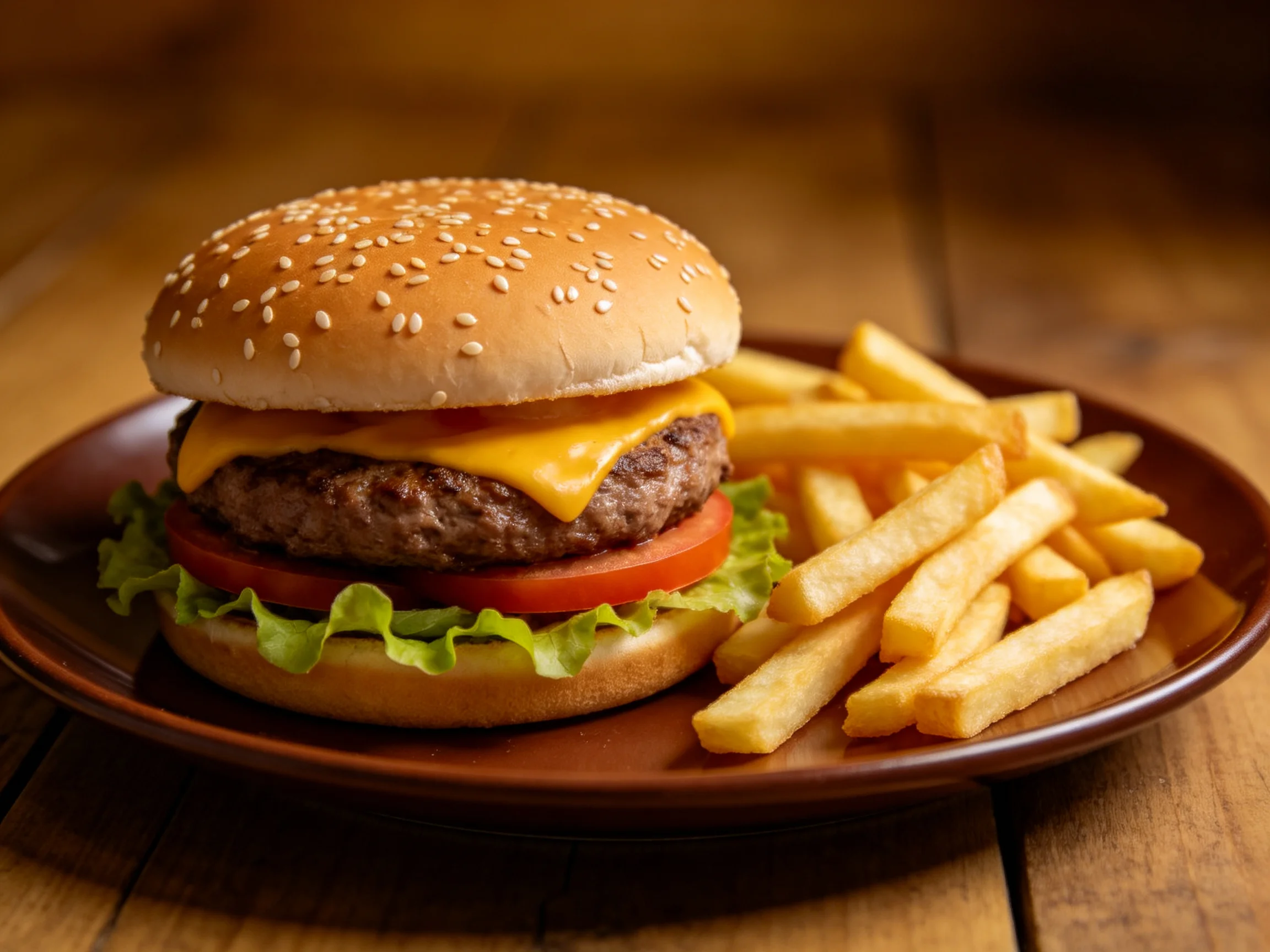 A sesame seed cheeseburger with lettuce, tomato, and golden French fries
