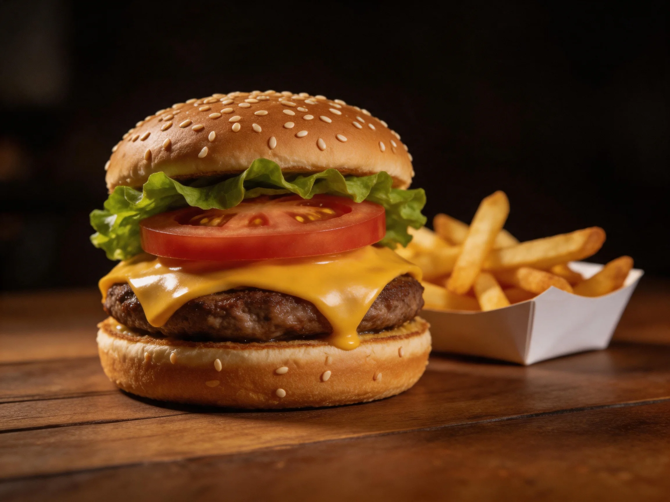 A sesame seed cheeseburger with melted cheddar, lettuce, and tomato beside golden French fries