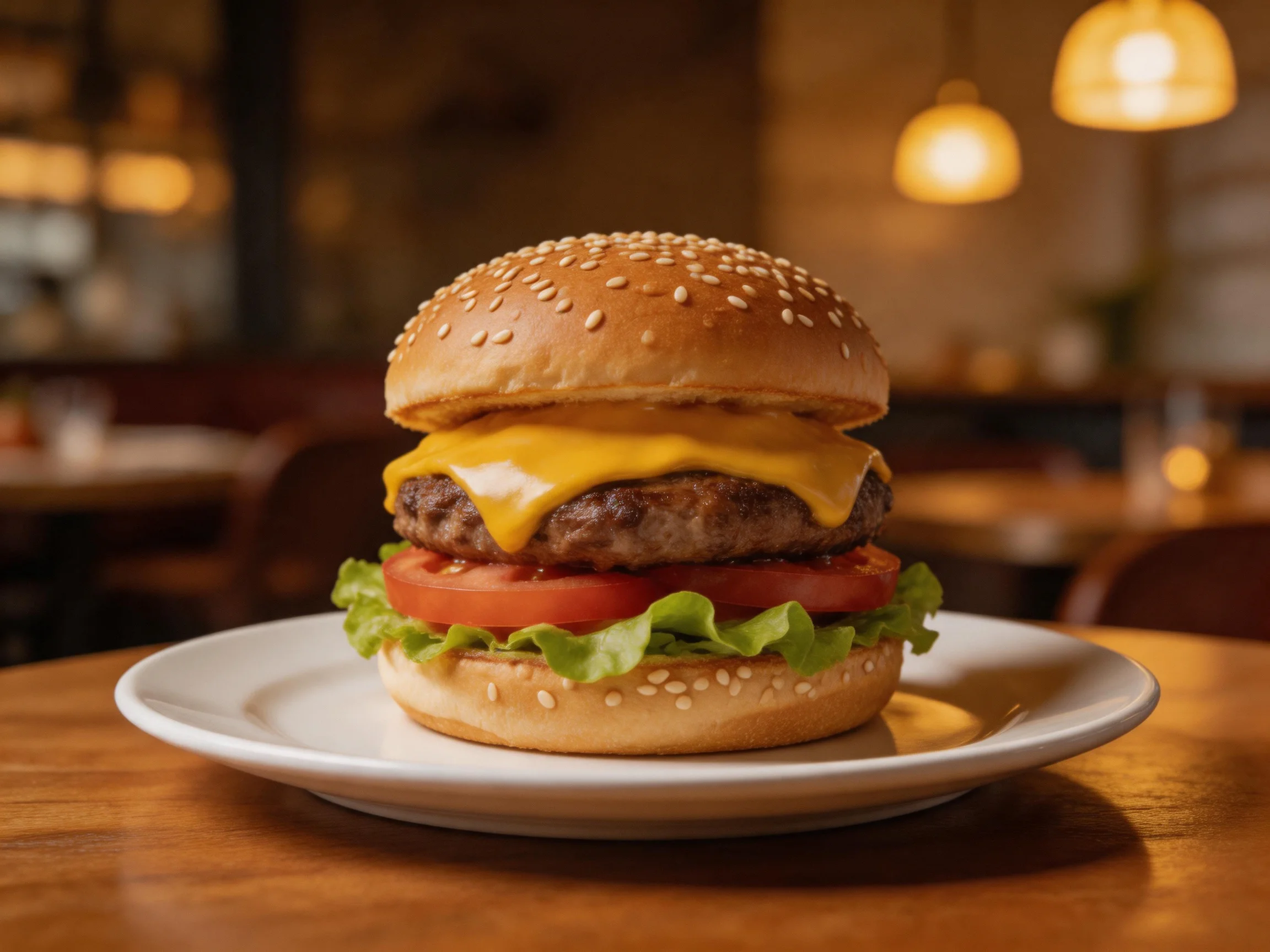 A sesame seed cheeseburger with melted cheese, beef patty, tomato, and lettuce