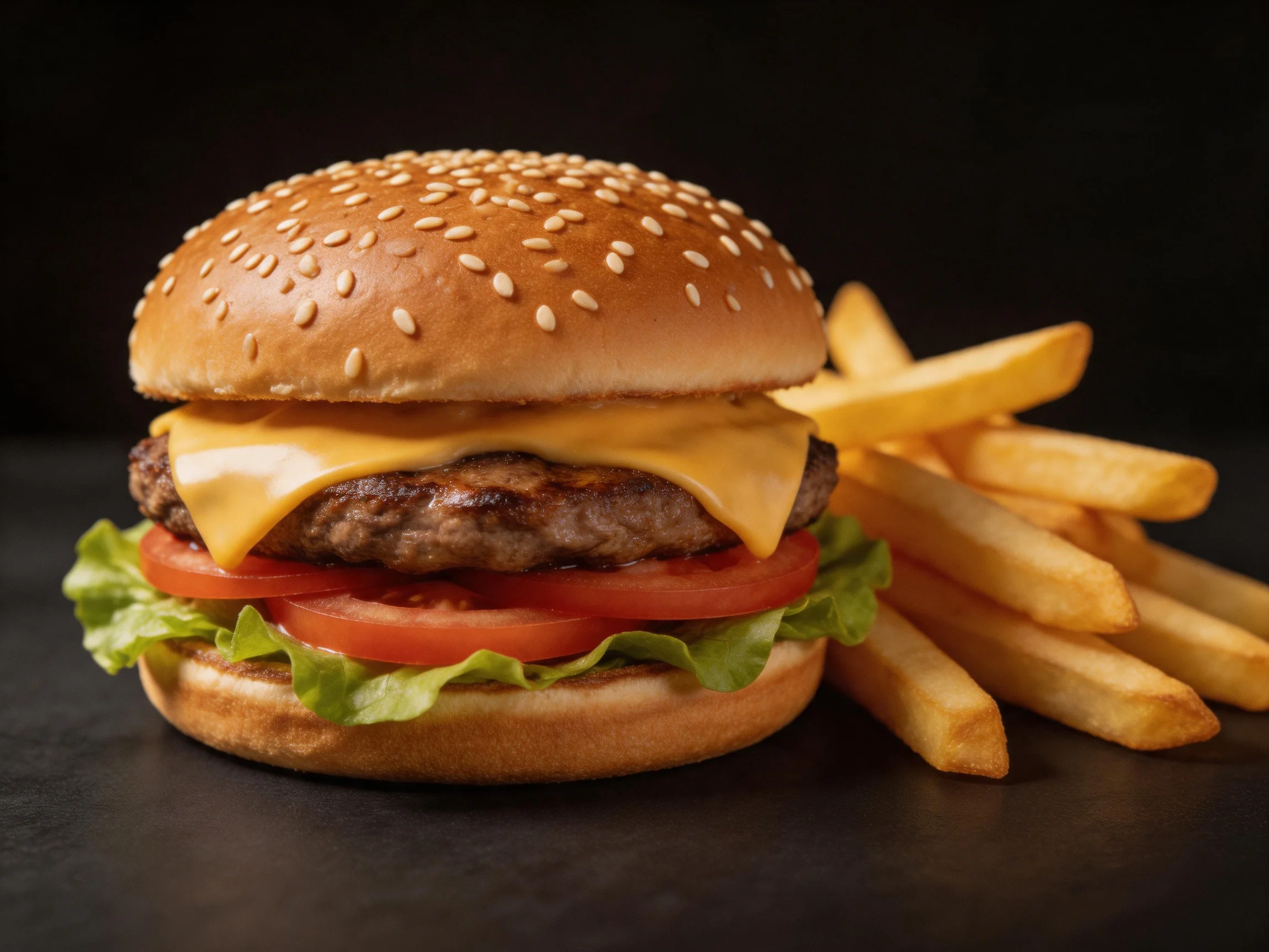 A sesame seed cheeseburger with melted cheese, lettuce, tomato, and golden fries