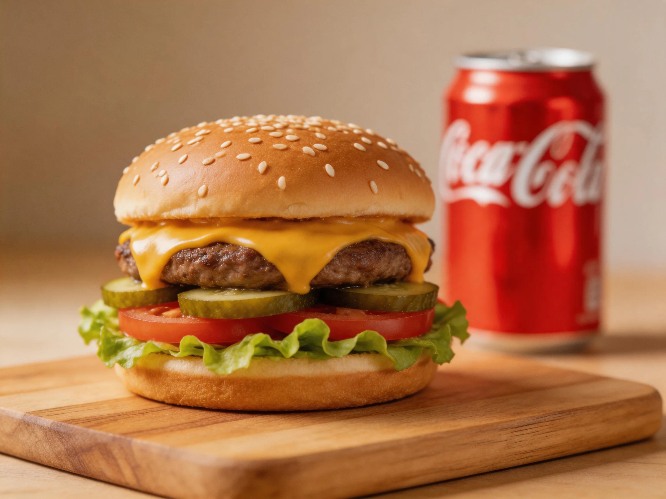 A sesame seed cheeseburger with pickles, tomato, lettuce, and a red soda can