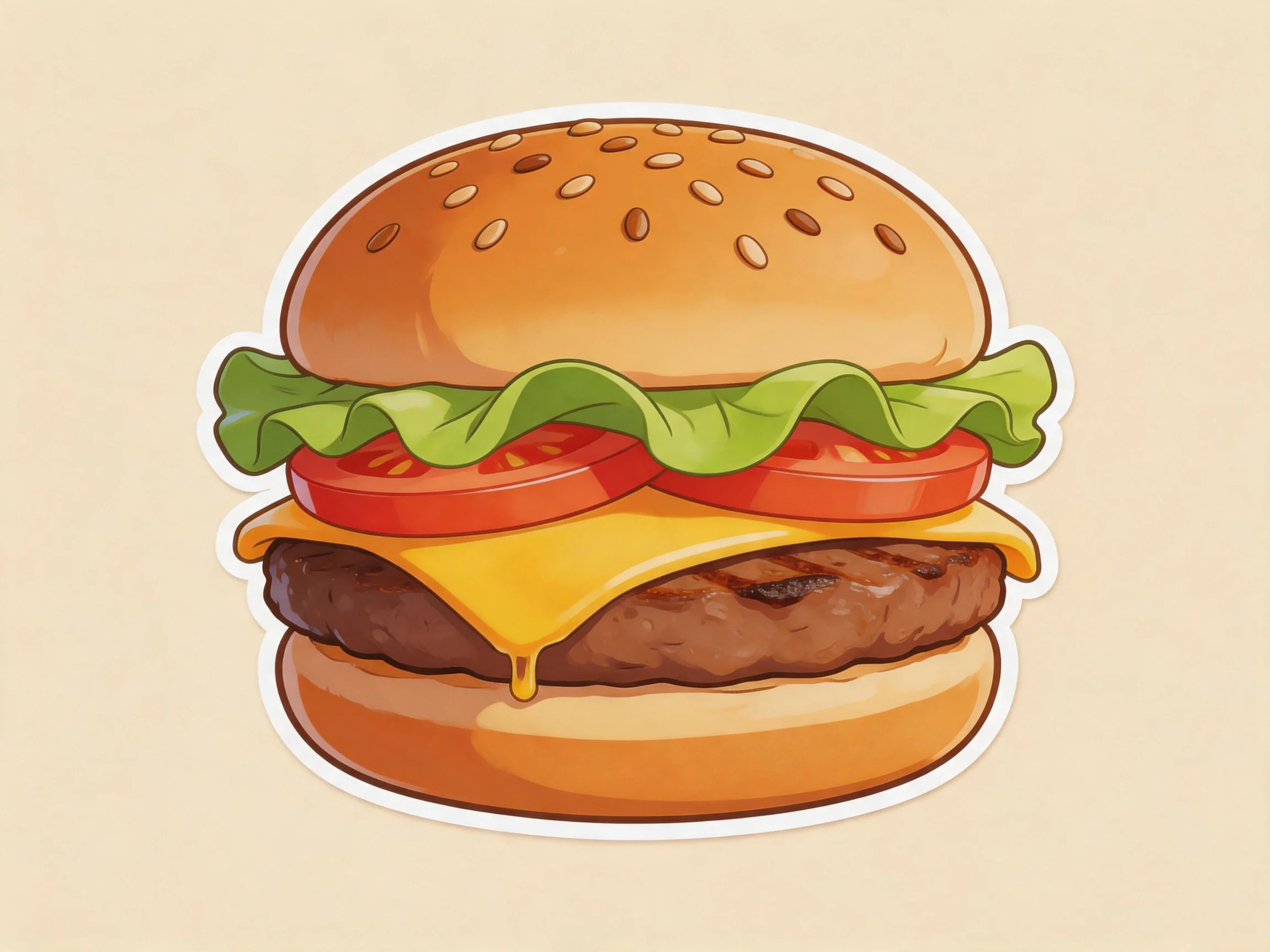 A sesame seed-topped burger featuring layered lettuce, tomato, cheese, and grilled beef