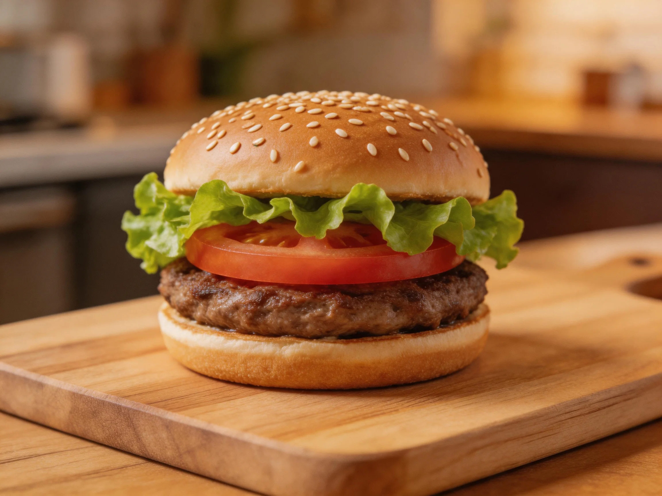 A sesame seed-topped burger with fresh lettuce, tomato, and beef patty