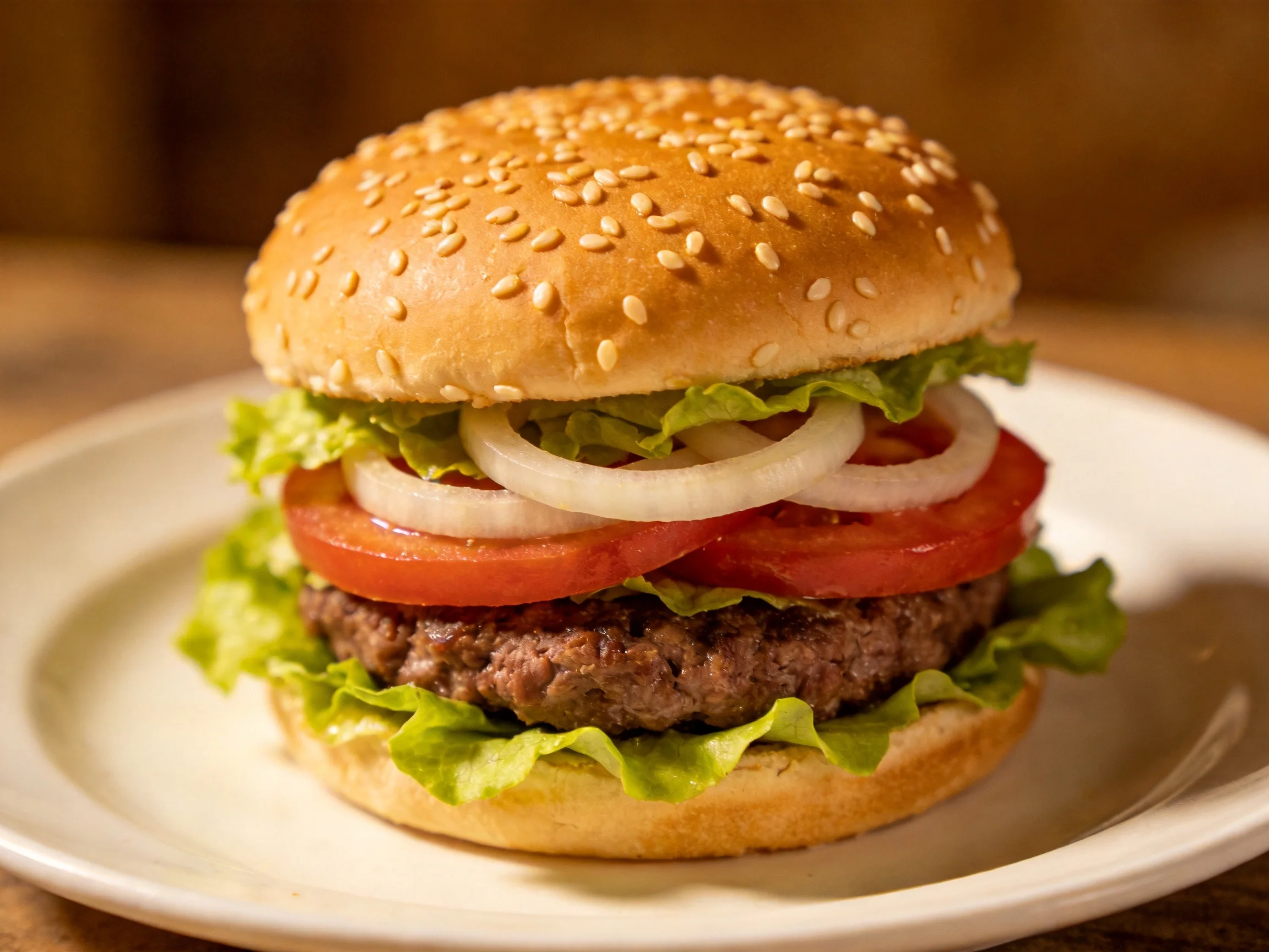 A sesame-seed-topped burger with fresh lettuce, tomato, and onion
