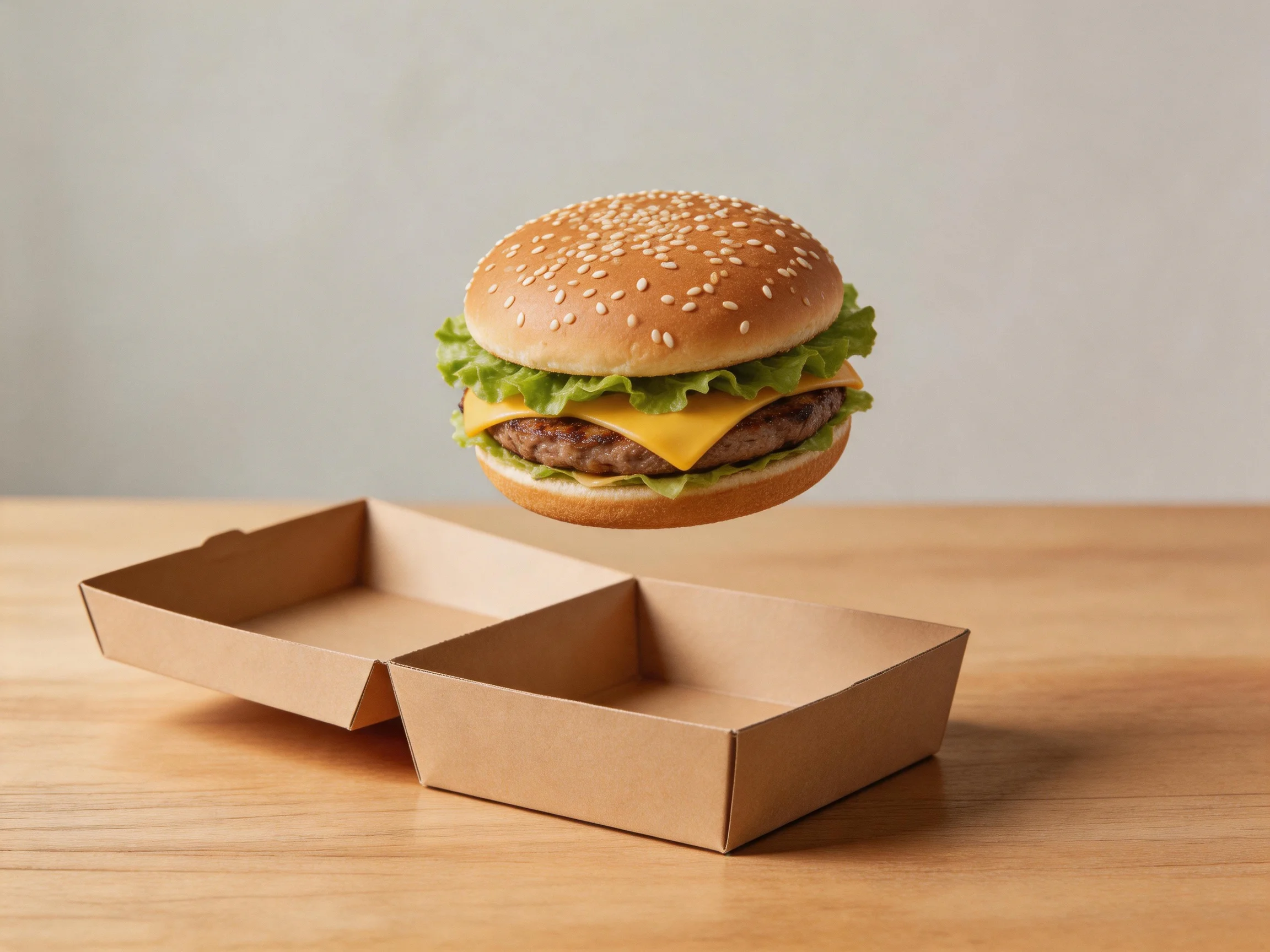 A sesame seed - topped cheeseburger hovers above two open brown boxes