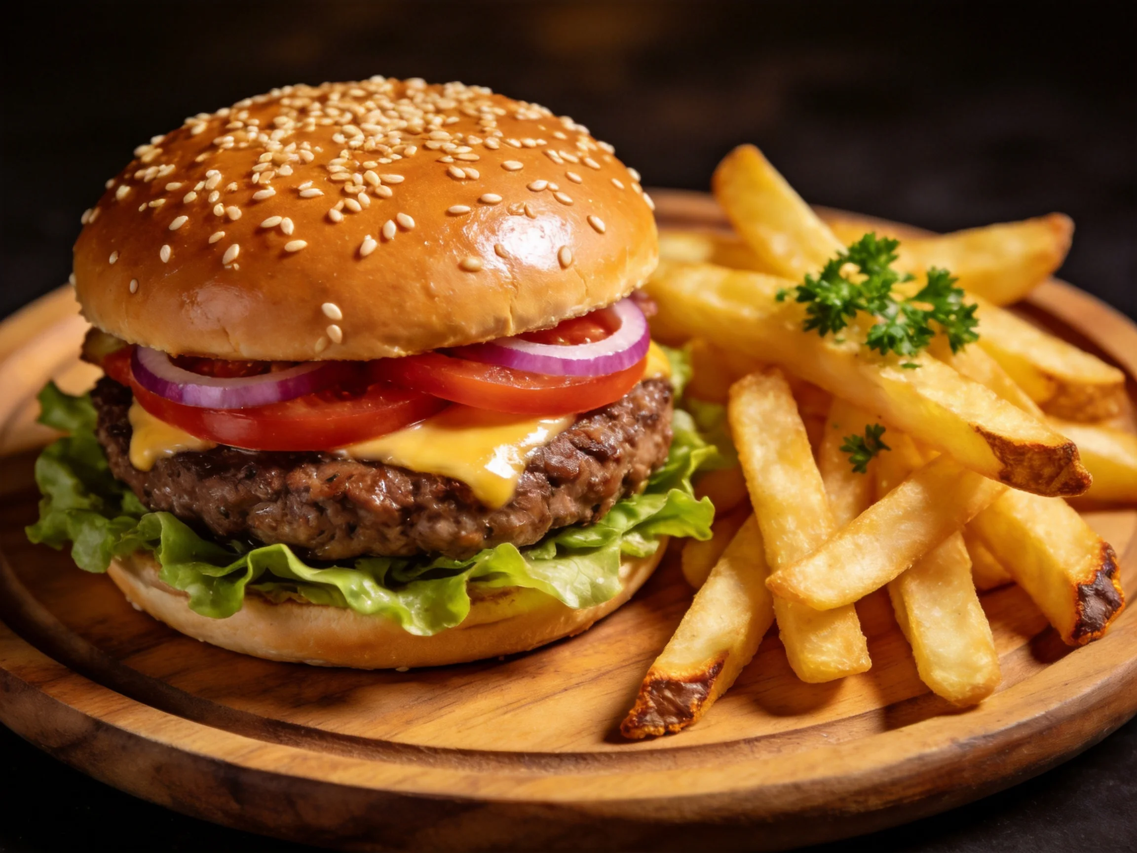 A sesame seed-topped cheeseburger with crispy fries on a wooden platter