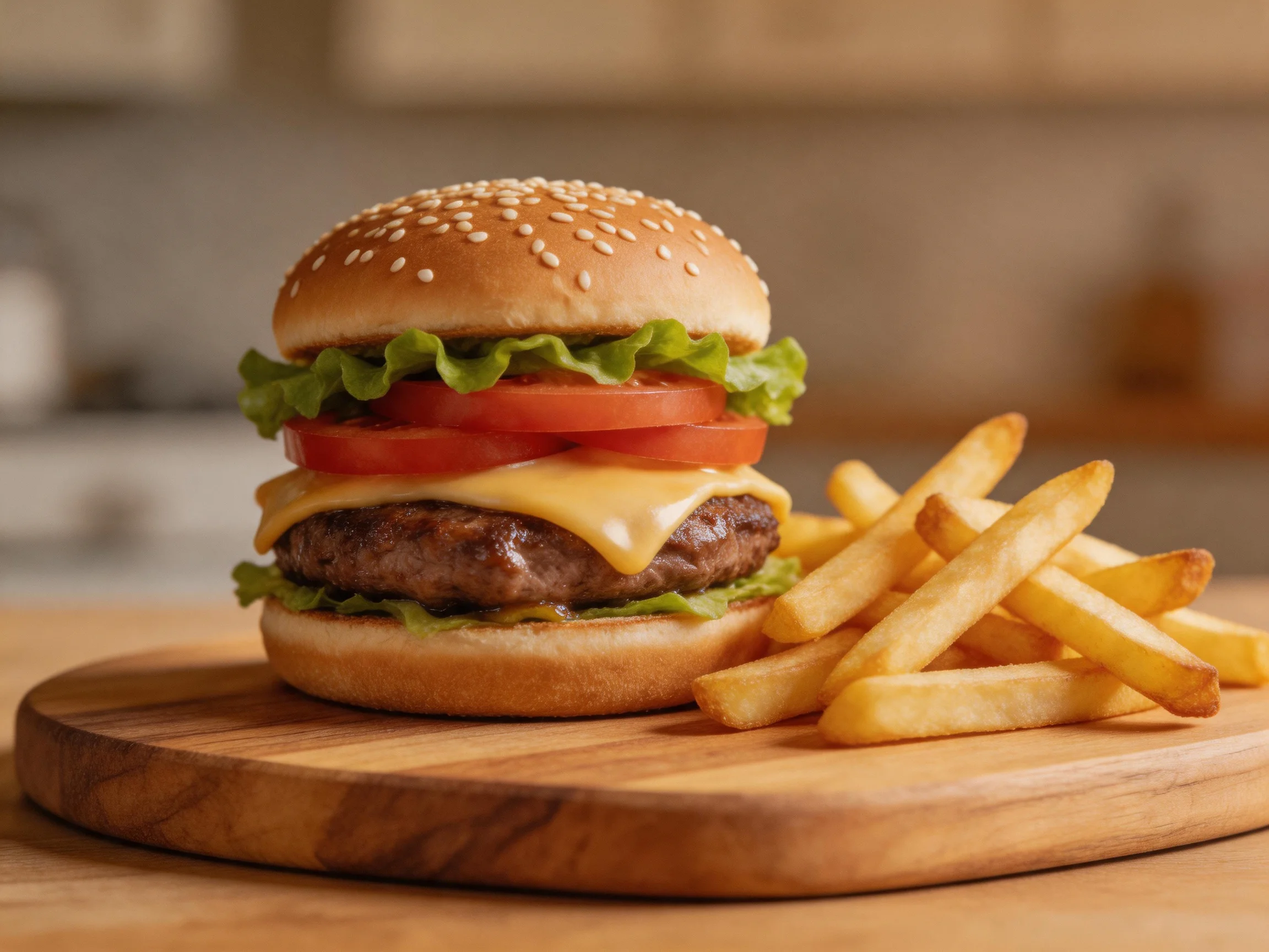 A sesame seed-topped cheeseburger with fresh veggies and crispy fries