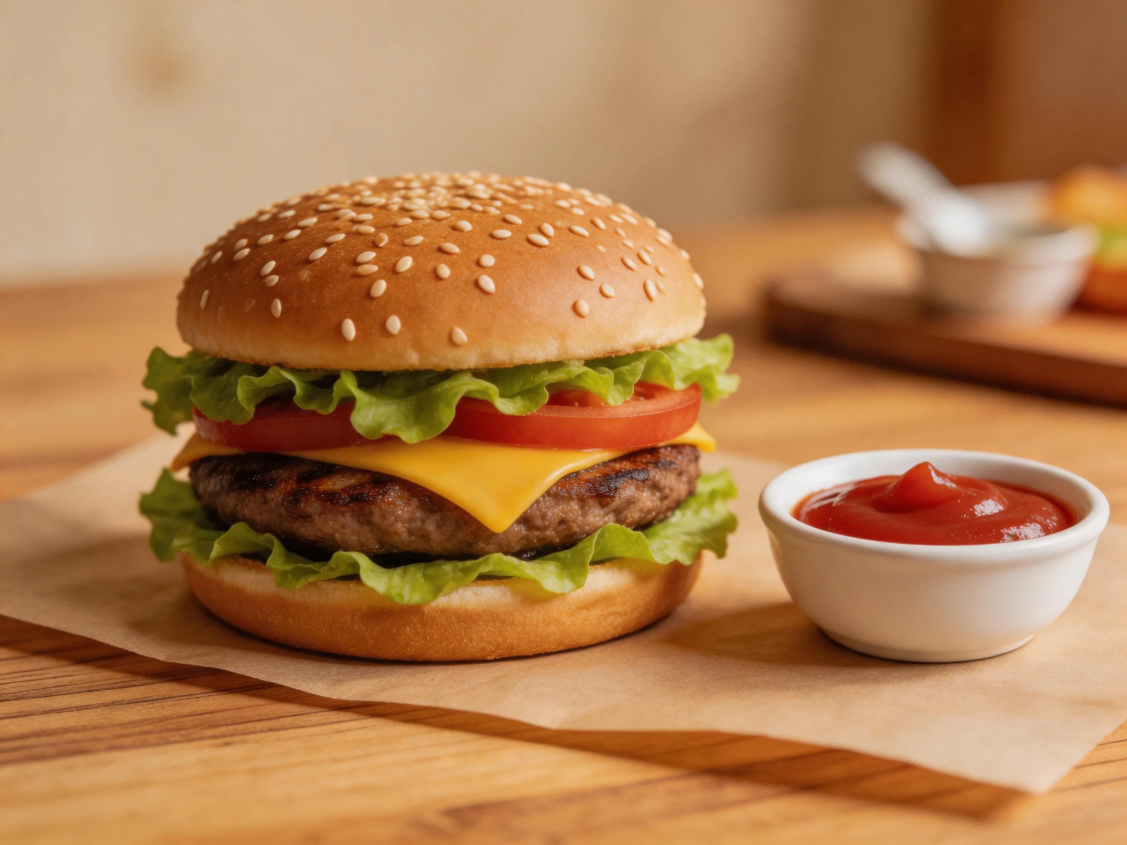 A sesame seed-topped cheeseburger with fresh veggies and ketchup