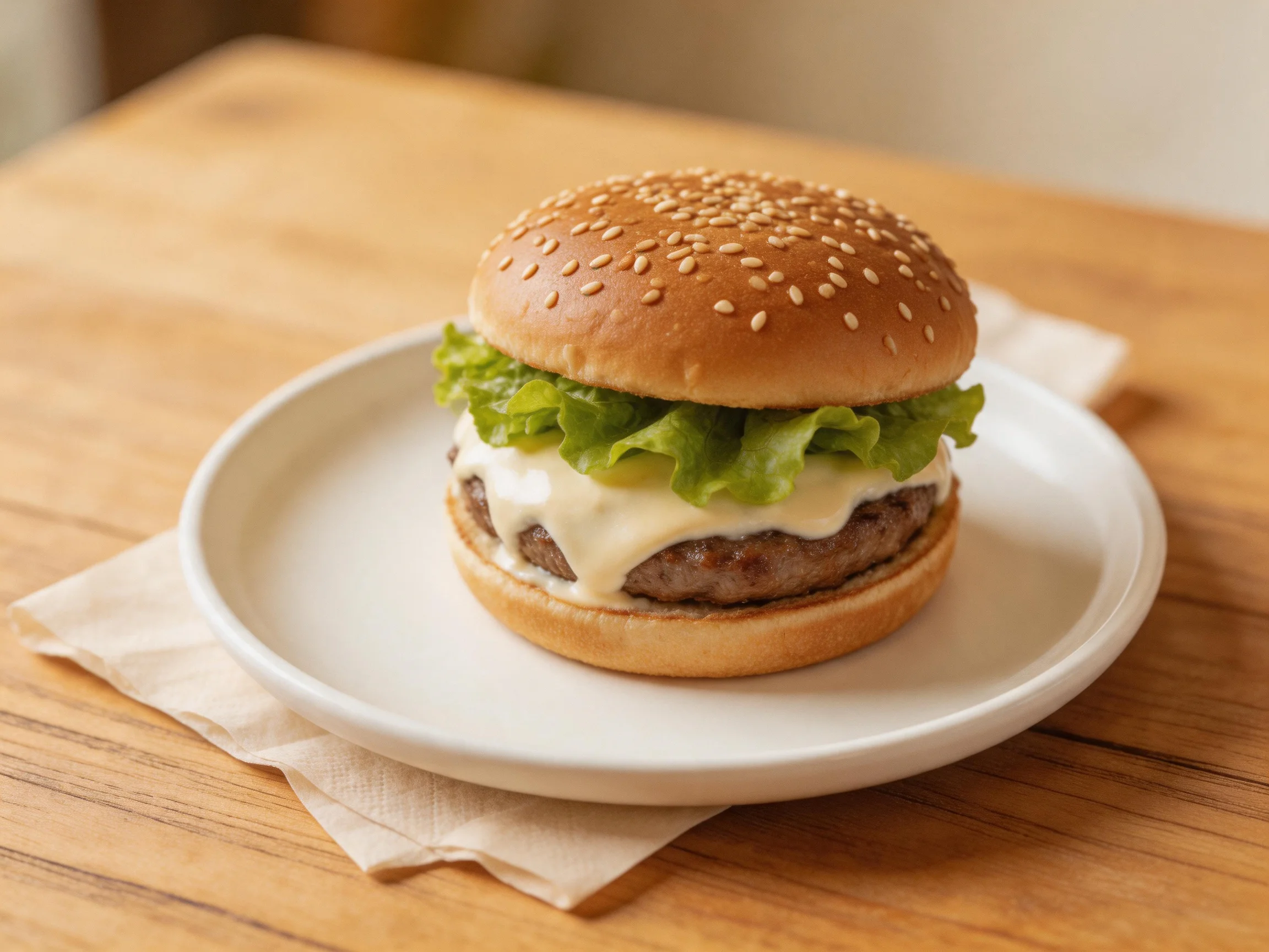 A sesame seed-topped cheeseburger with lettuce and melted cheese