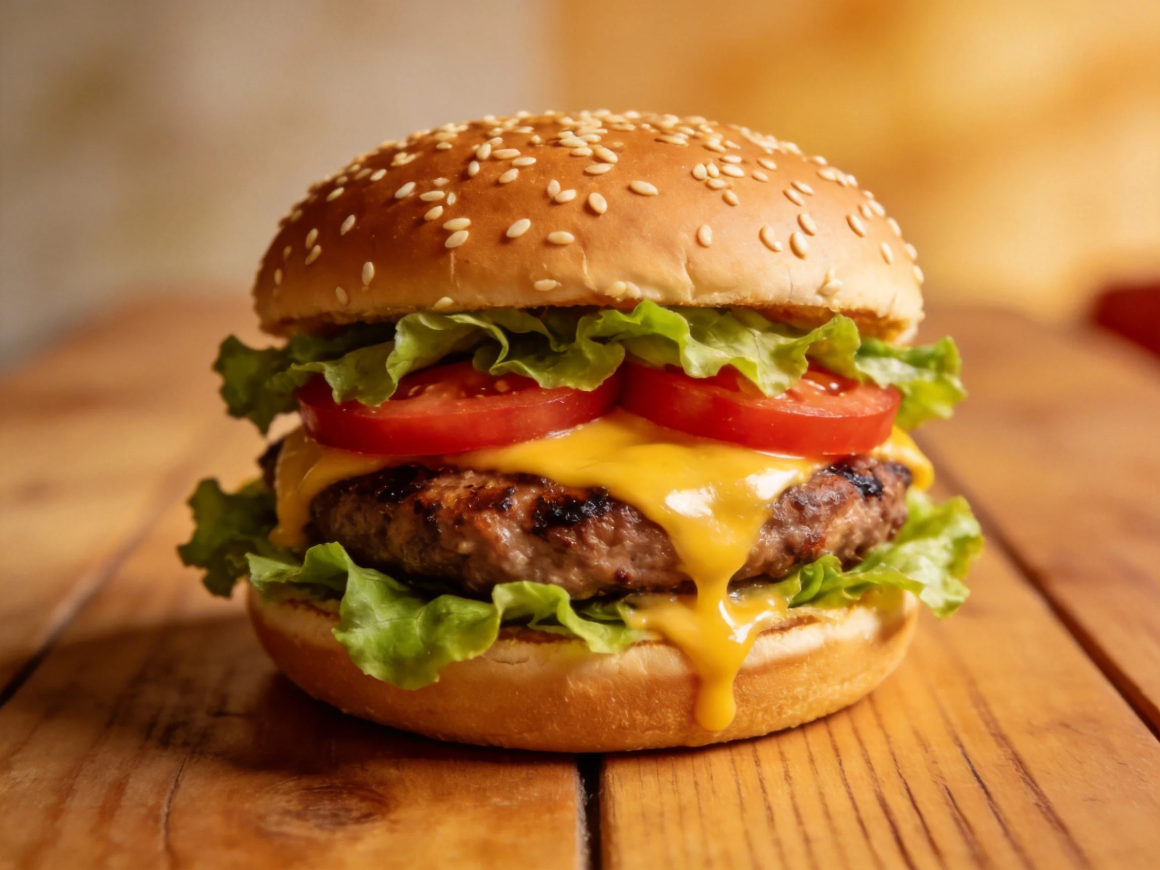 A sesame seed-topped cheeseburger with lettuce, tomato, and melted cheddar