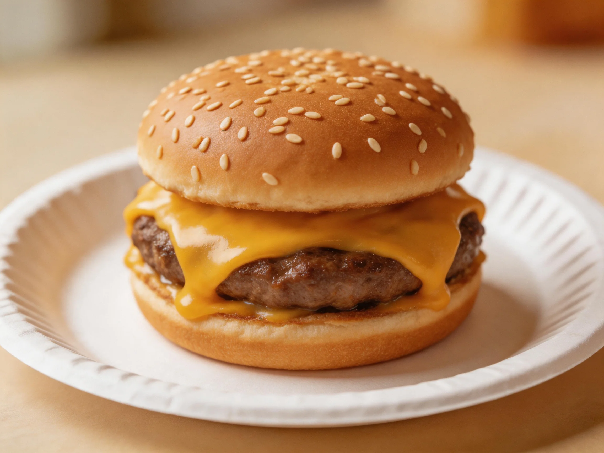 A sesame seed-topped cheeseburger with melted cheddar and beef patty