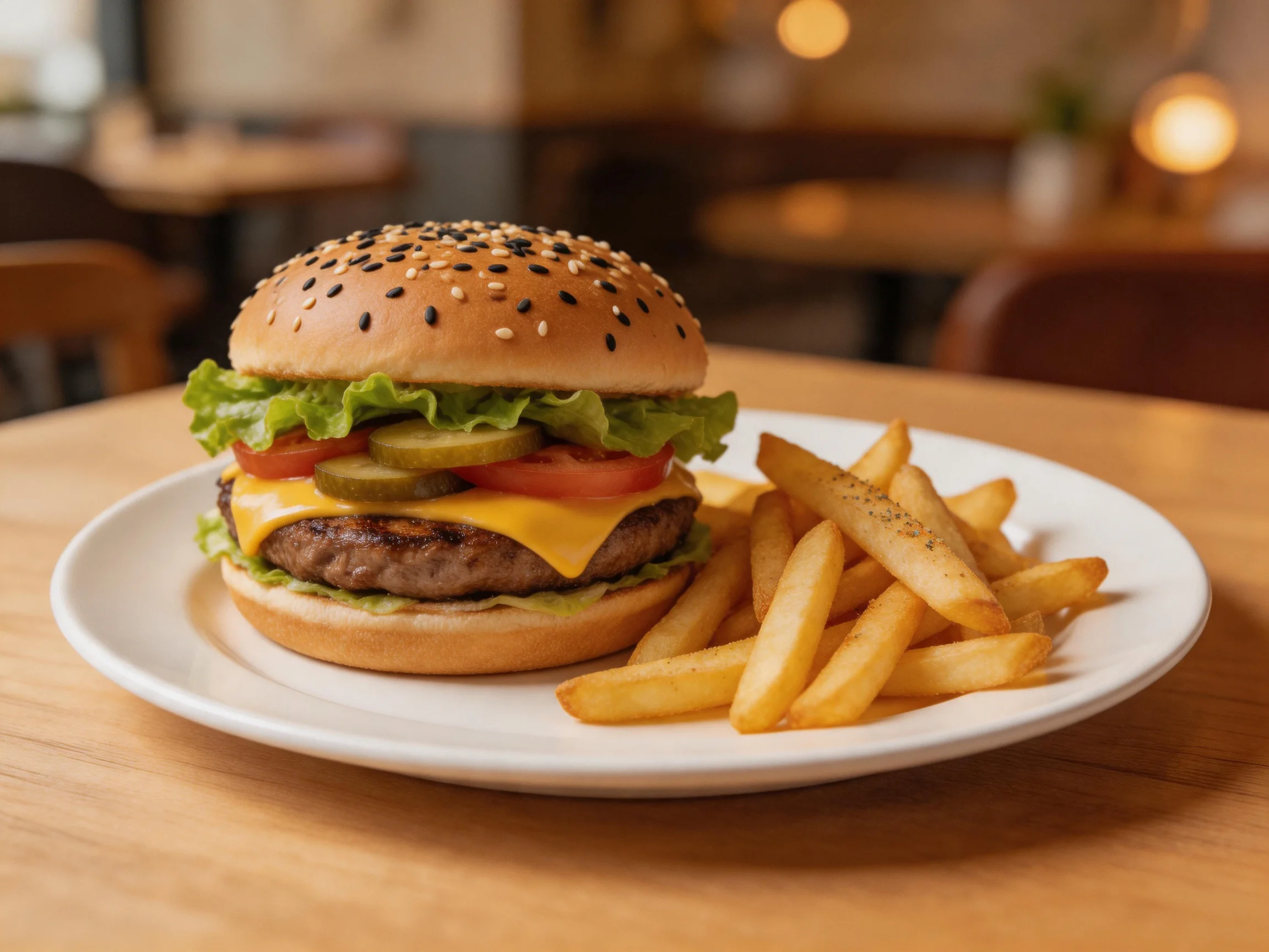 A sesame seed-topped cheeseburger with pickles, lettuce, tomato beside seasoned French fries