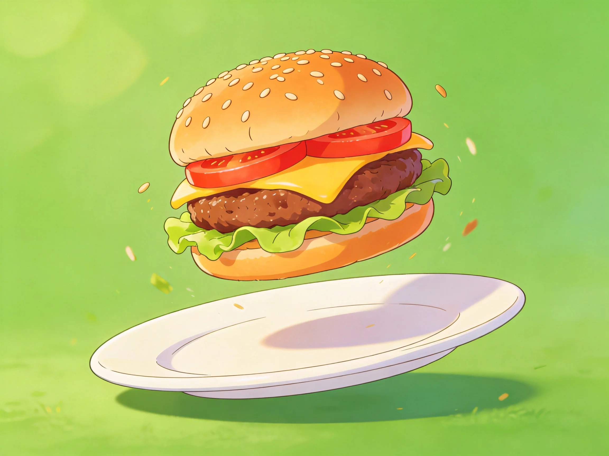 A sesame seed-topped cheeseburger with tomato, lettuce, and beef floats above an empty white plate