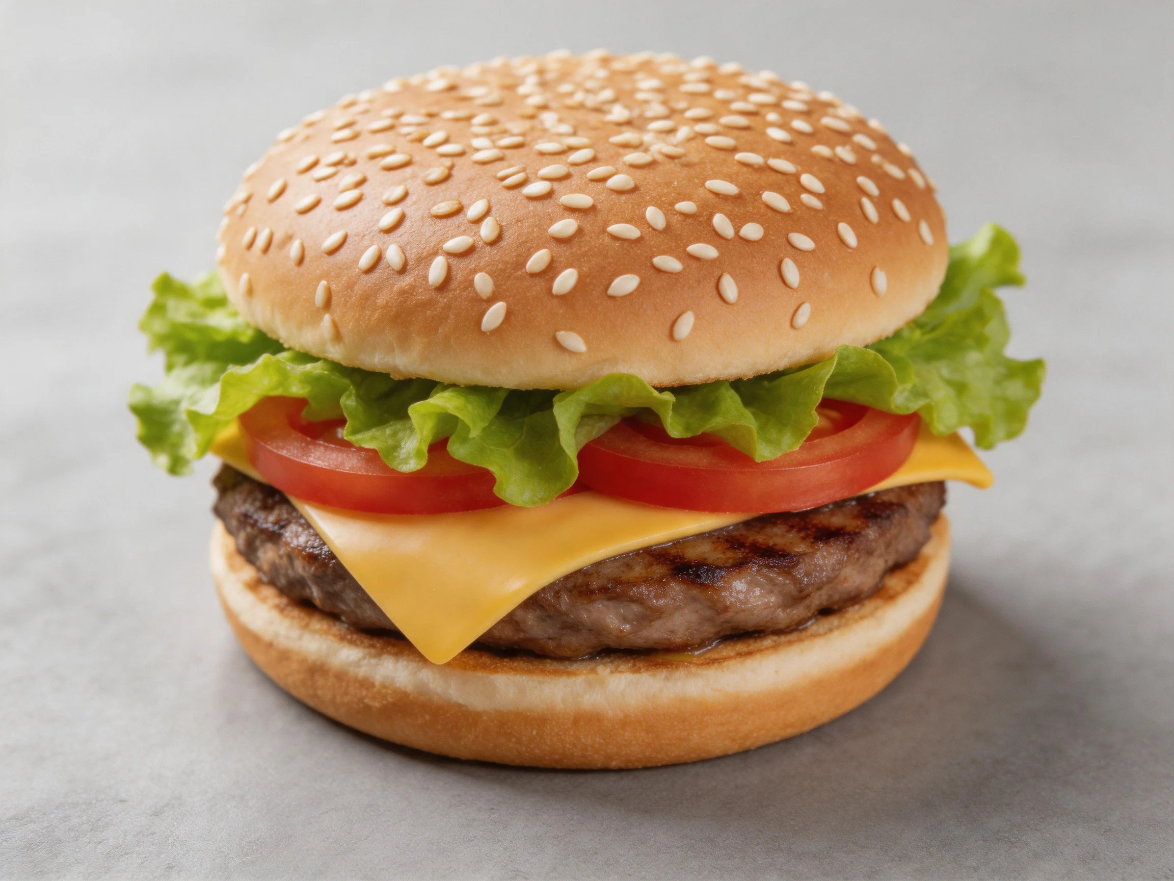 A sesame-seeded bun burger with lettuce, tomato, cheese, and grilled beef