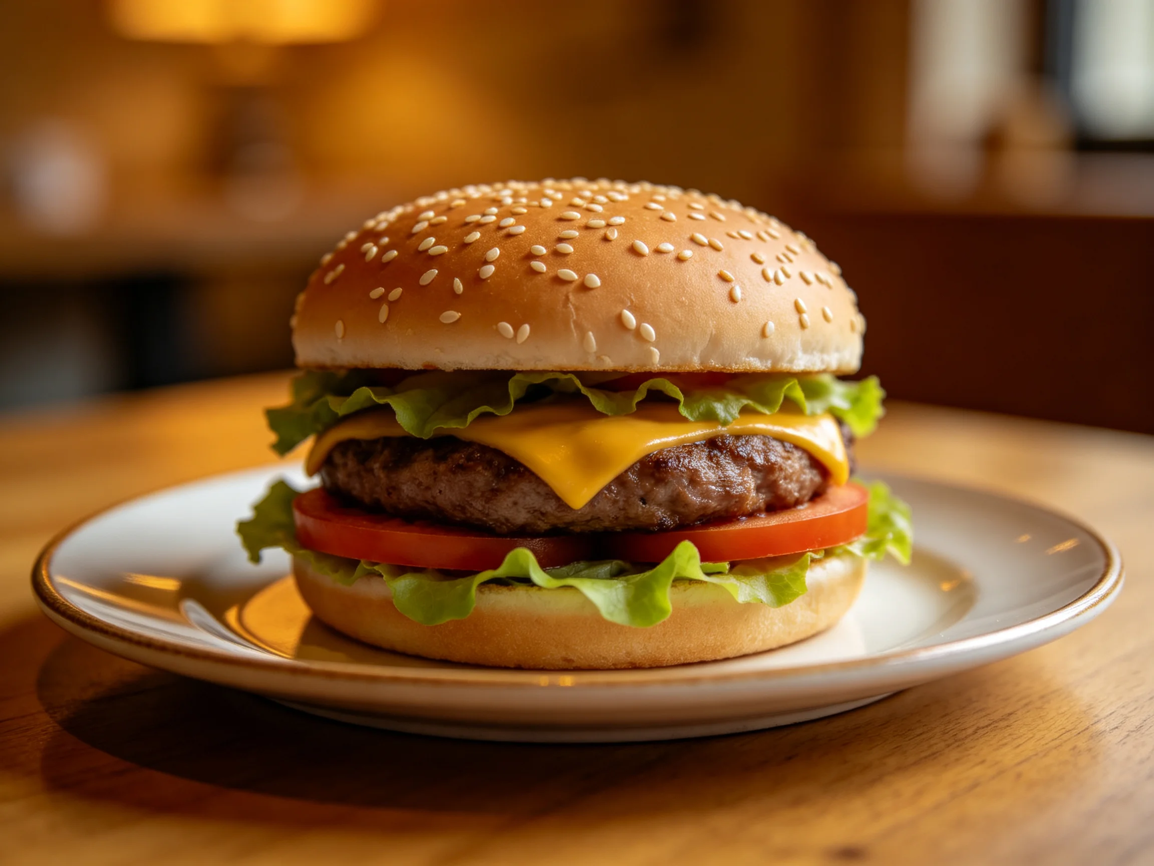 A sesame-seeded bun cheeseburger with lettuce, tomato, and beef patty