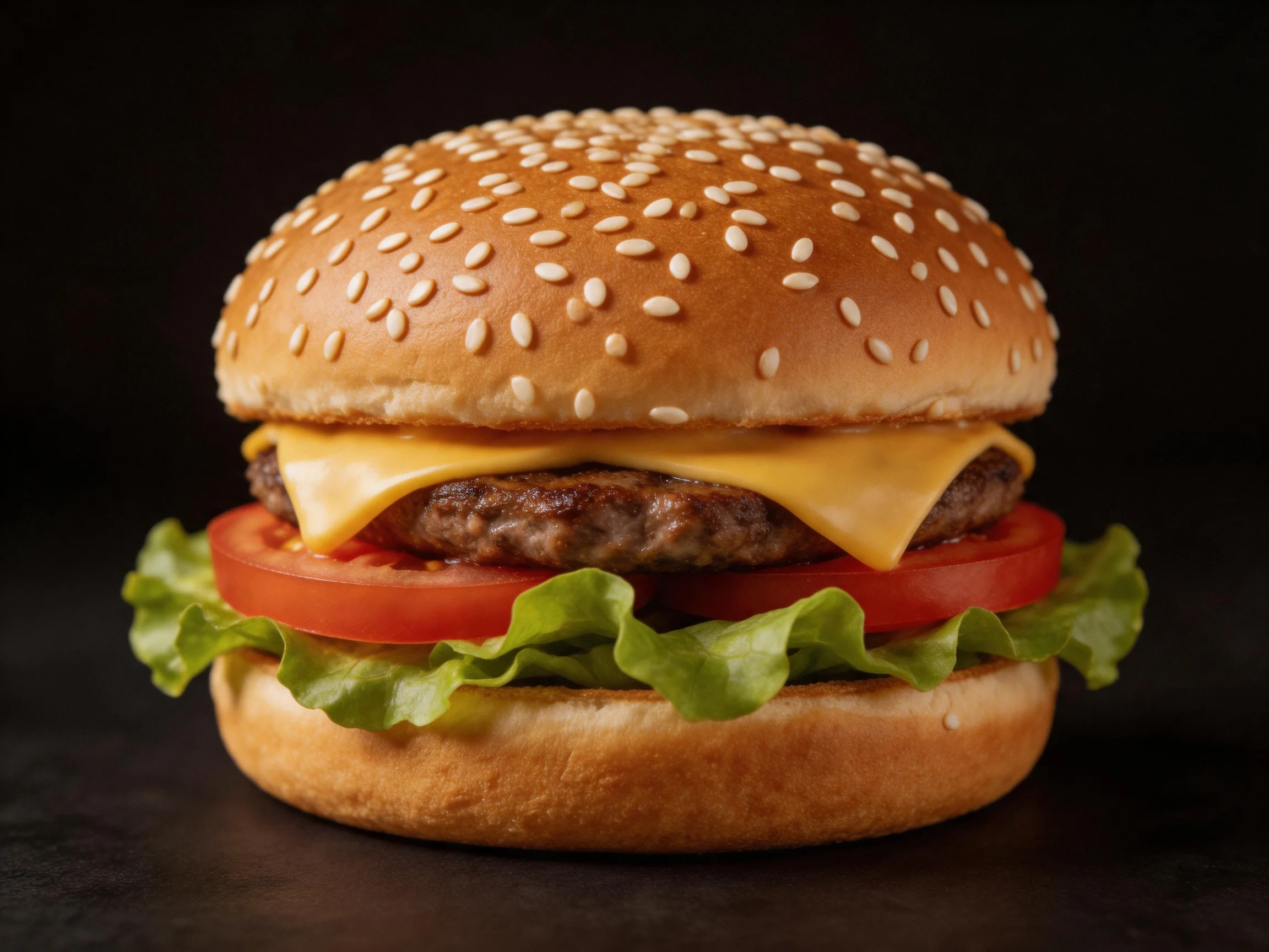 A sesame-seeded bun cheeseburger with tomato, lettuce, and beef patty
