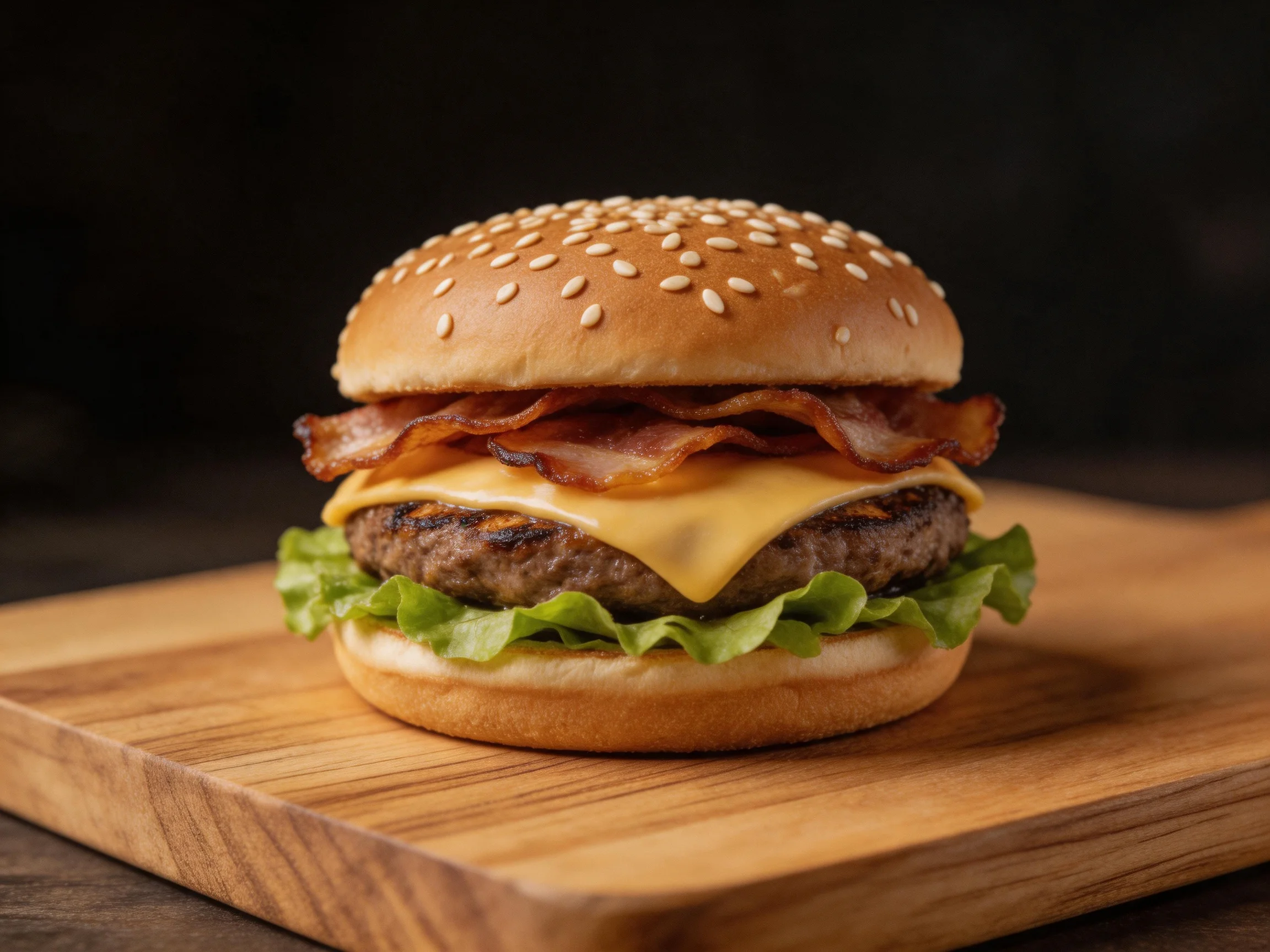 A sesame - seeded burger with crispy bacon, melted cheese, and fresh lettuce