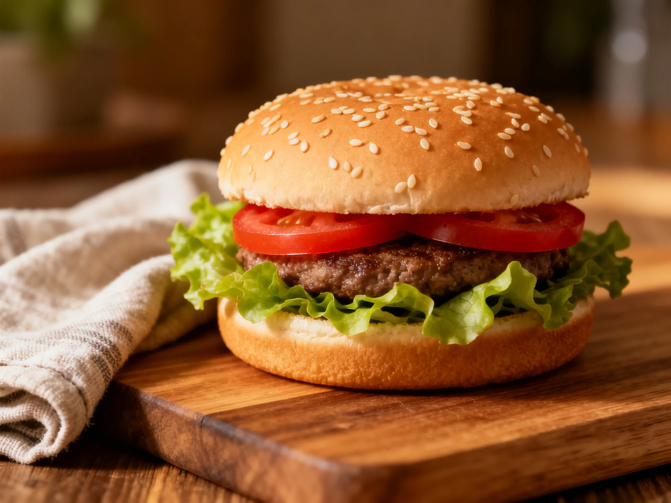 A sesame - seeded burger with fresh lettuce, tomato, and beef patty on wood
