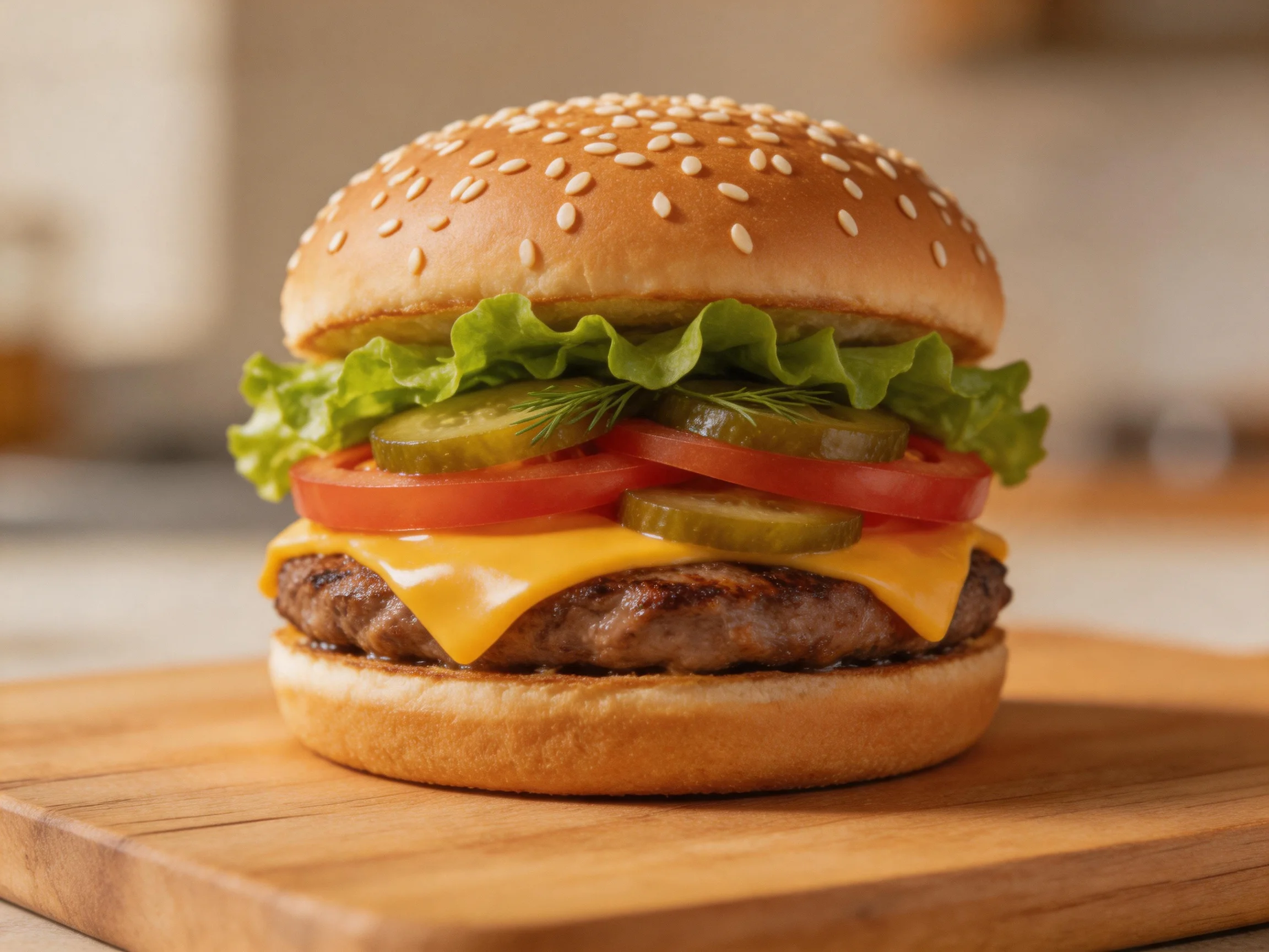 A sesame-seeded burger with fresh veggies, cheese, and a beef patty