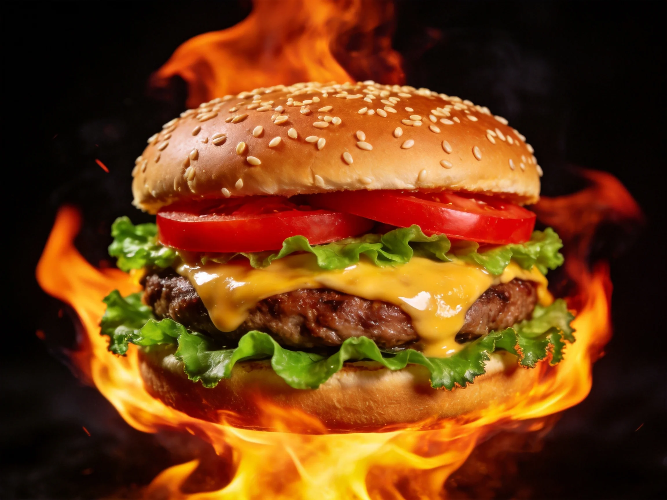 A sesame -seeded burger with fresh veggies, cheese, and vibrant orange flames