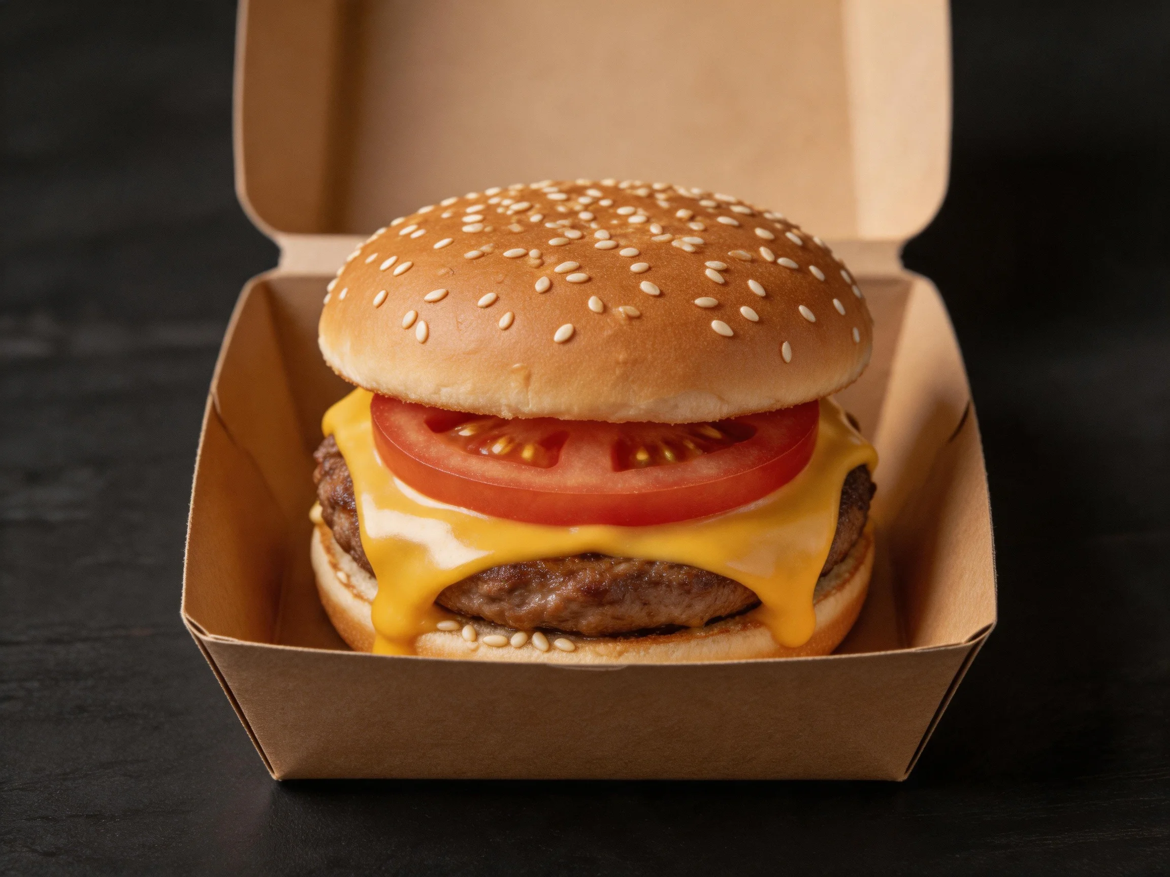 A sesame-seeded burger with melted cheese and tomato in a brown container
