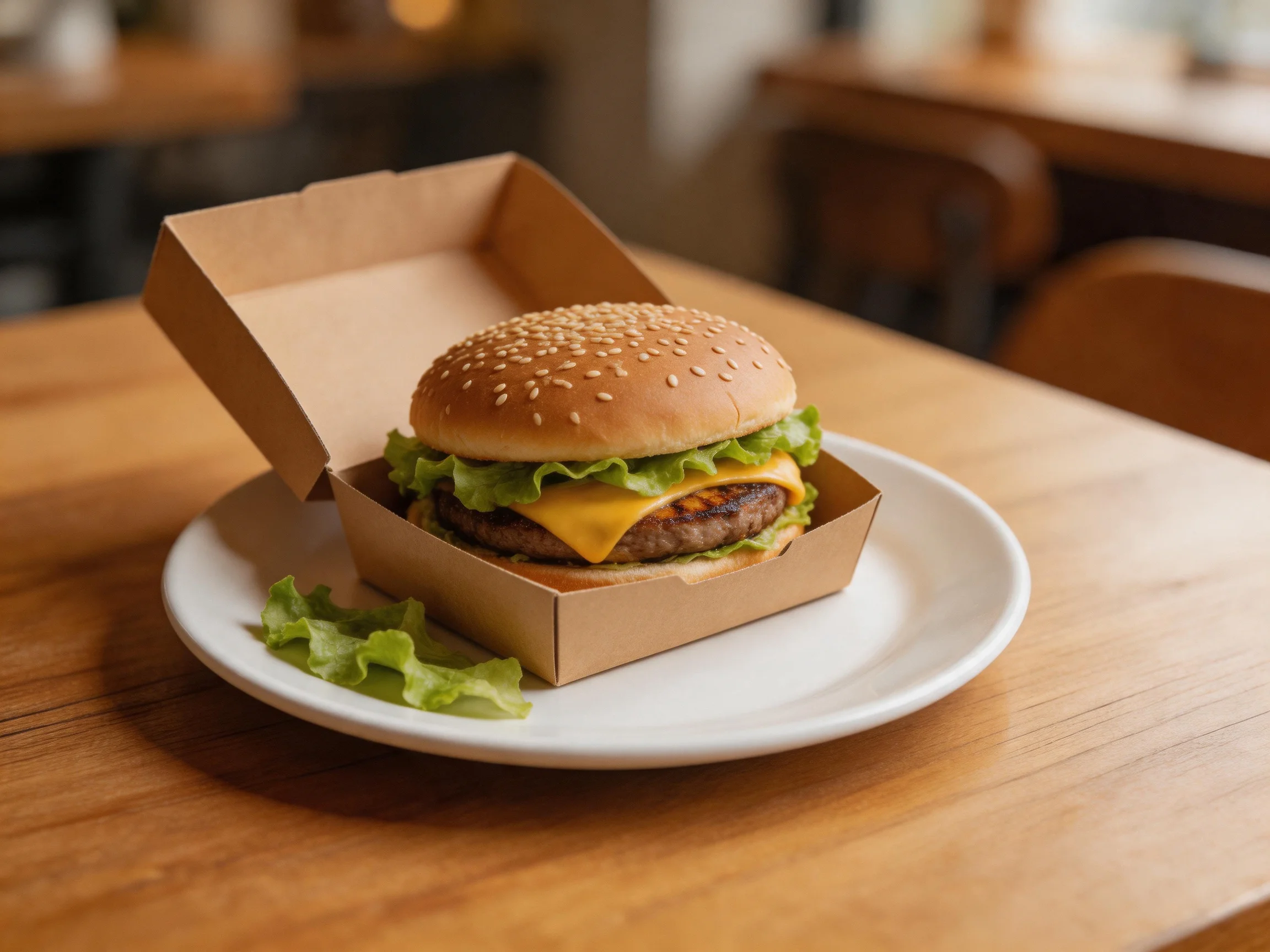 A sesame - seeded cheeseburger in an open brown box on a white plate
