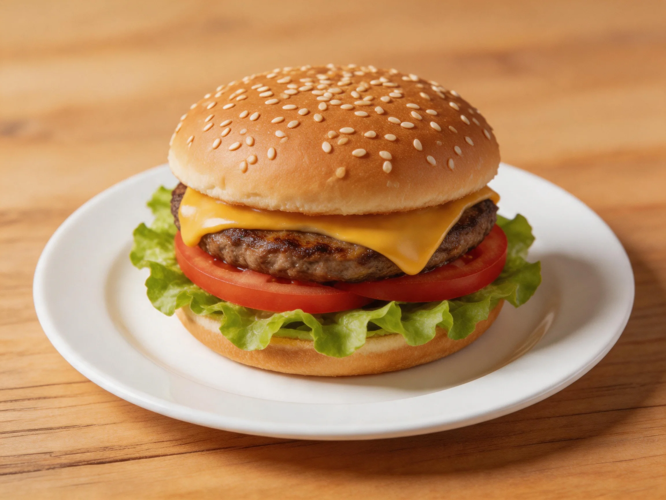 A sesame-seeded cheeseburger with lettuce and tomato on a white plate