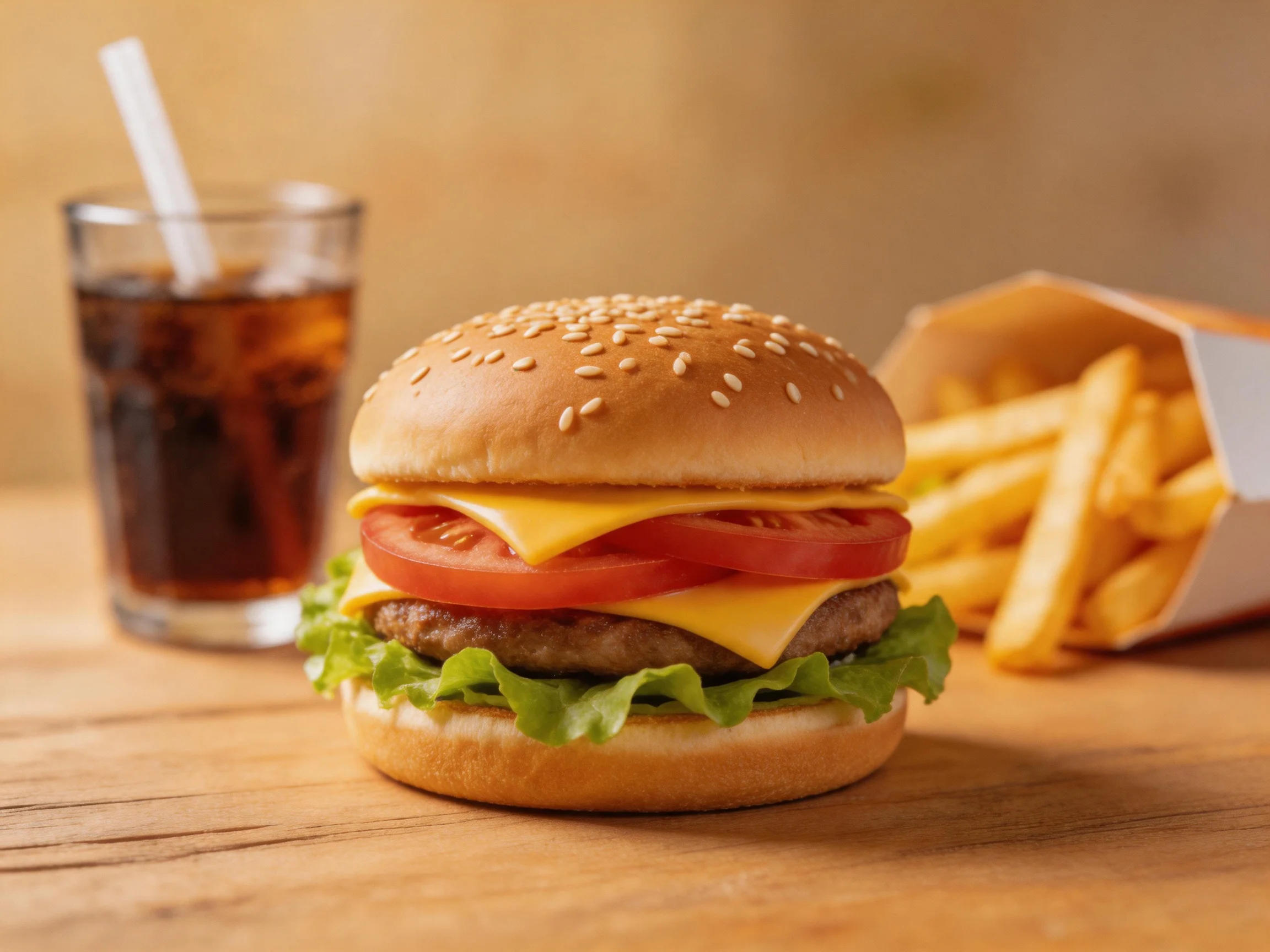 A sesame-seeded cheeseburger with tomato, lettuce, and golden fries near dark soda