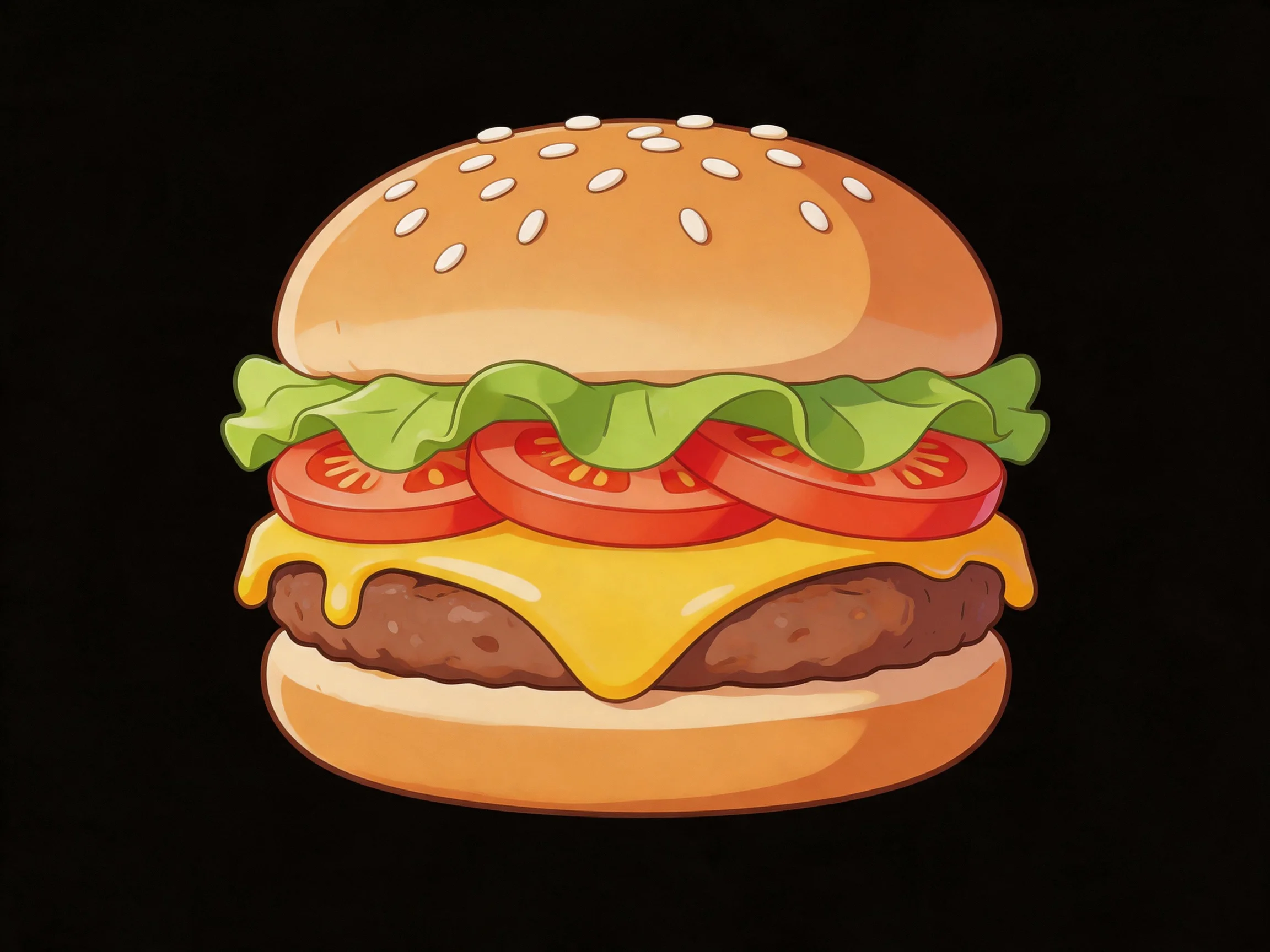 A sesame-seeded hamburger with layered veggies and melted cheese